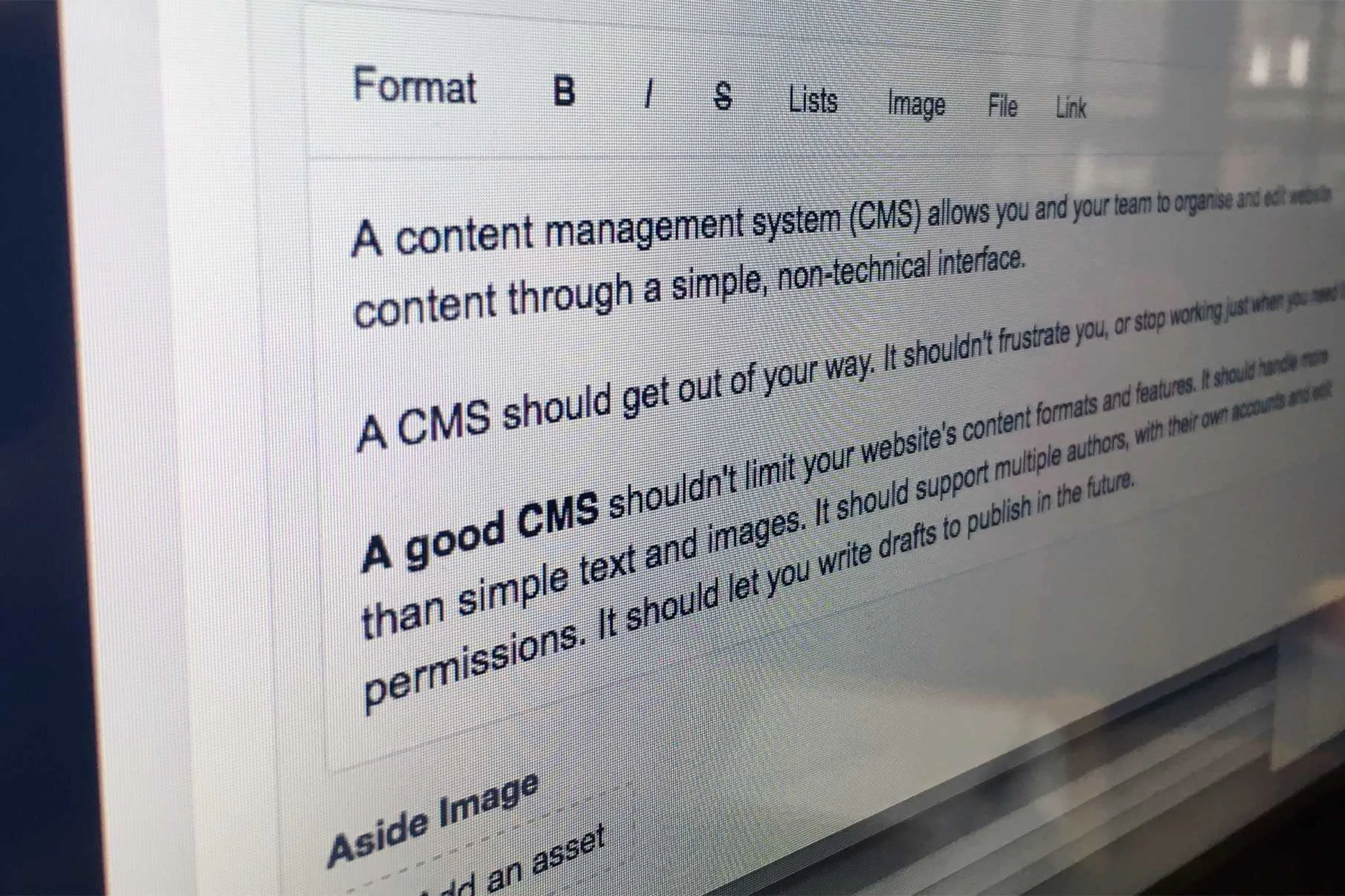 Craft CMS screenshot taken at an angle showing the rich text editor