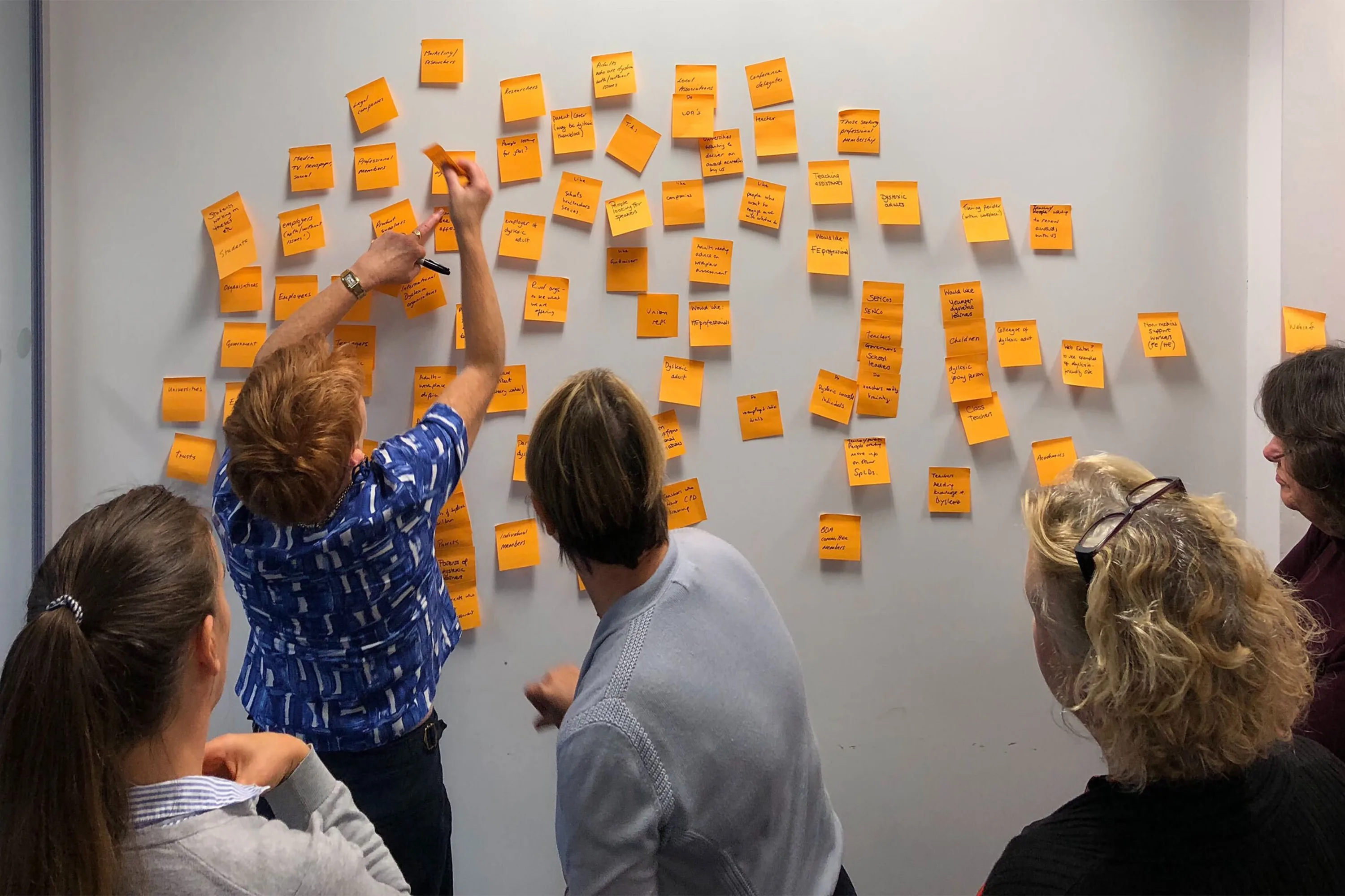 Five people taking part in a website discovery session. Multiple post-it notes are stuck to the wall ready for assessment.