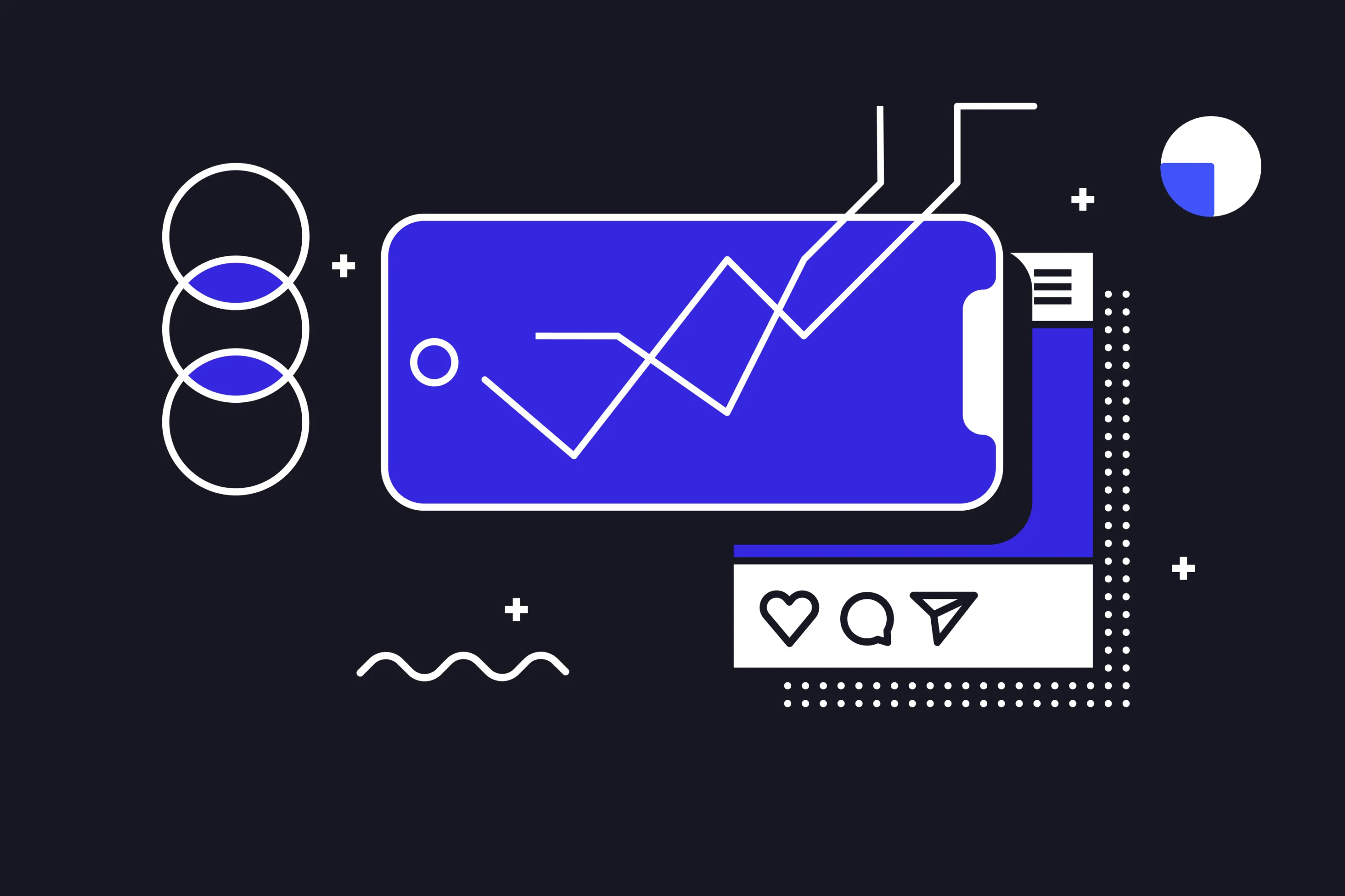 Graphic Illustration showing graphs, diagrams, an iPhone and a social network post