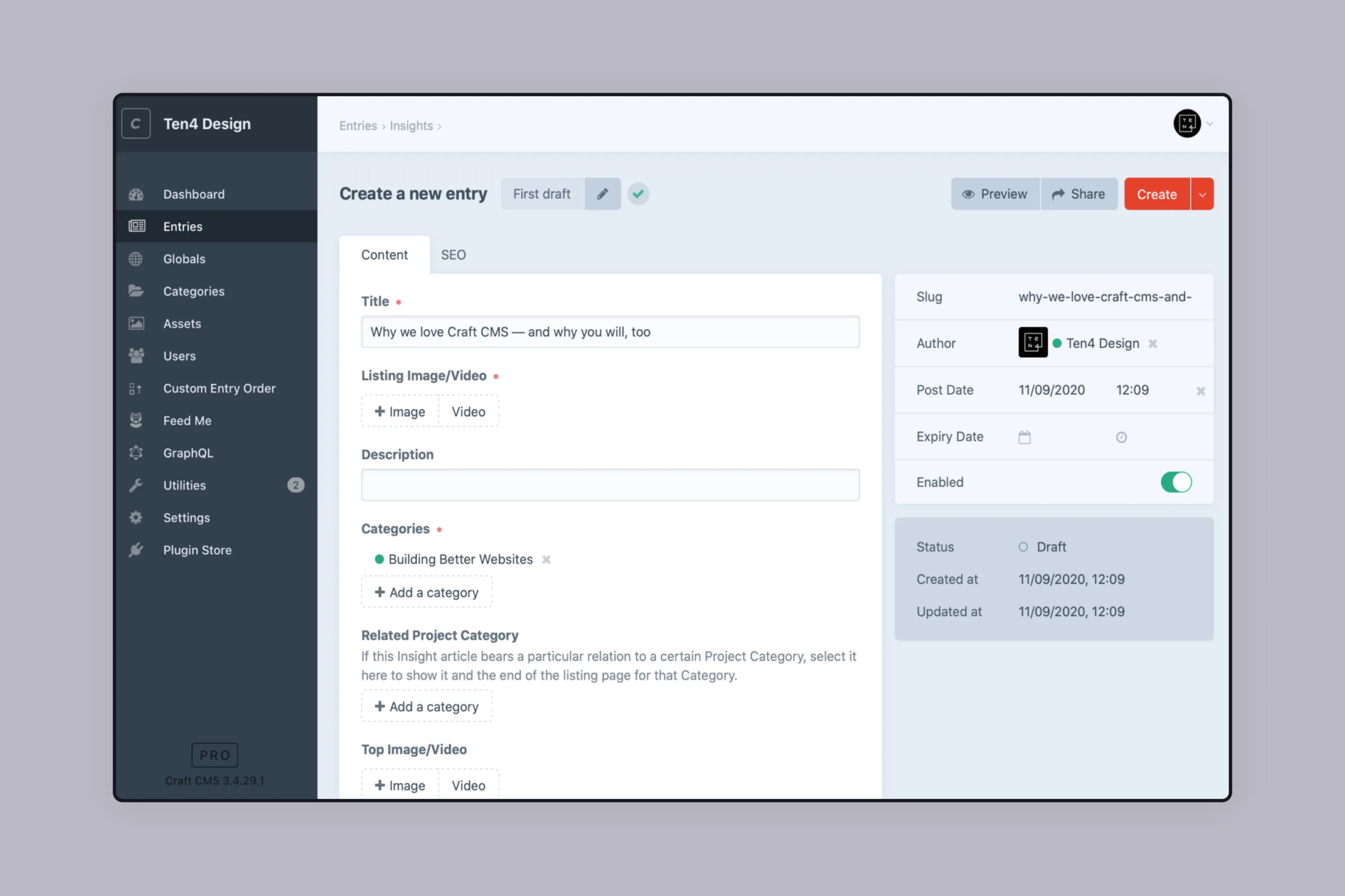 Craft CMS control panel showing a website entry