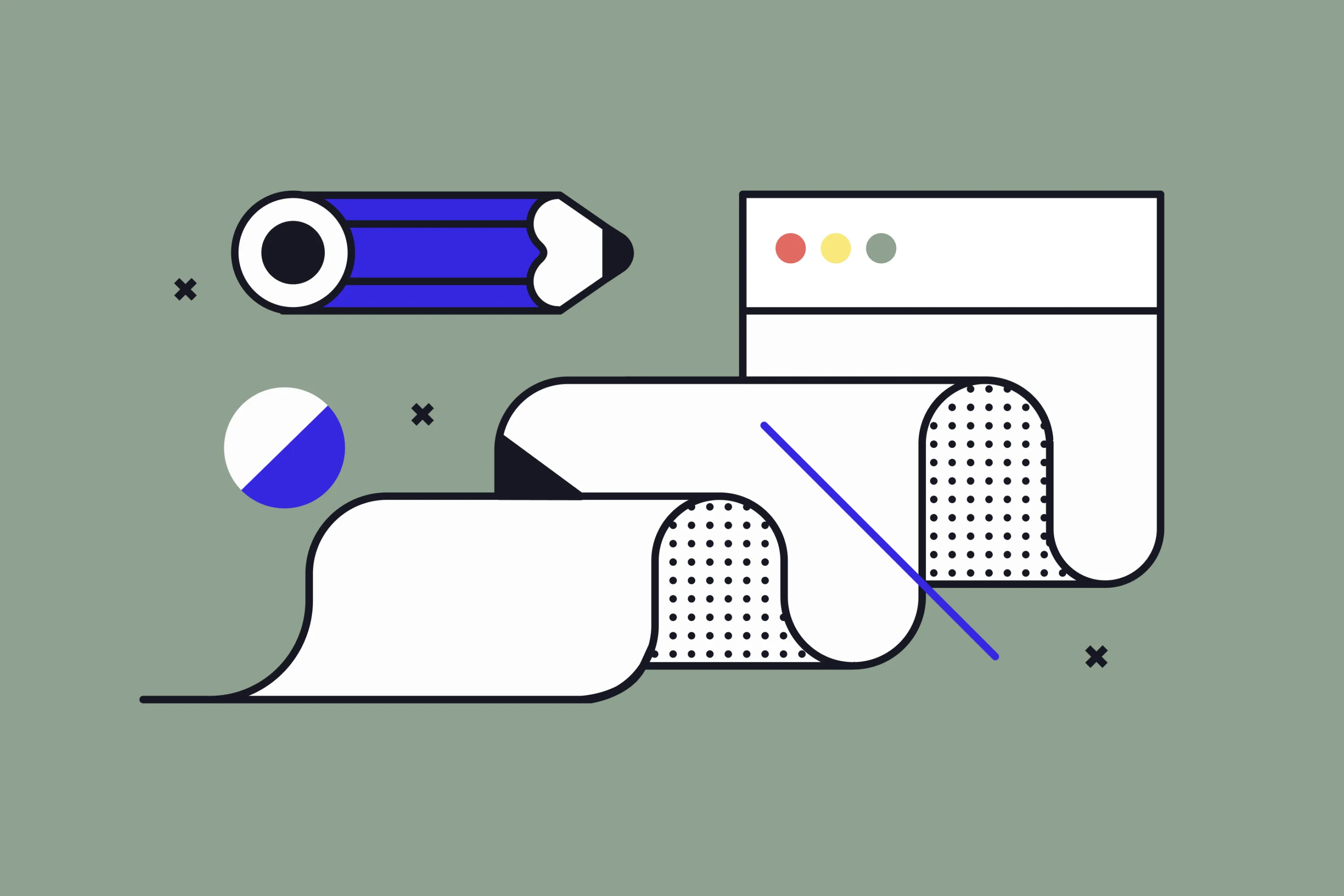 Graphical illustration of a web page unfurling like paper with a pencil hovering above it
