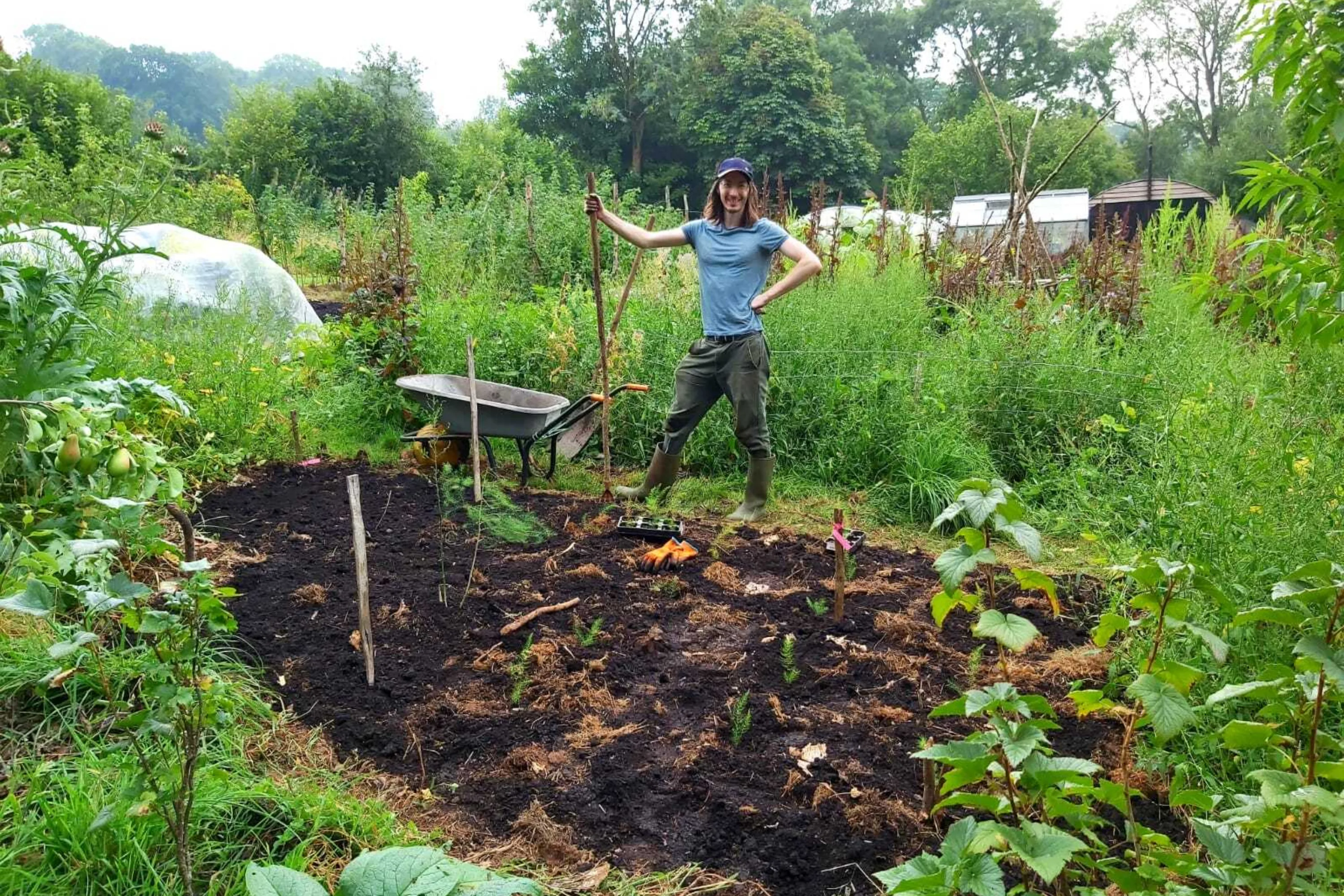 A man poses with a wheelbarrow and hoe in front of a small vegetable patch