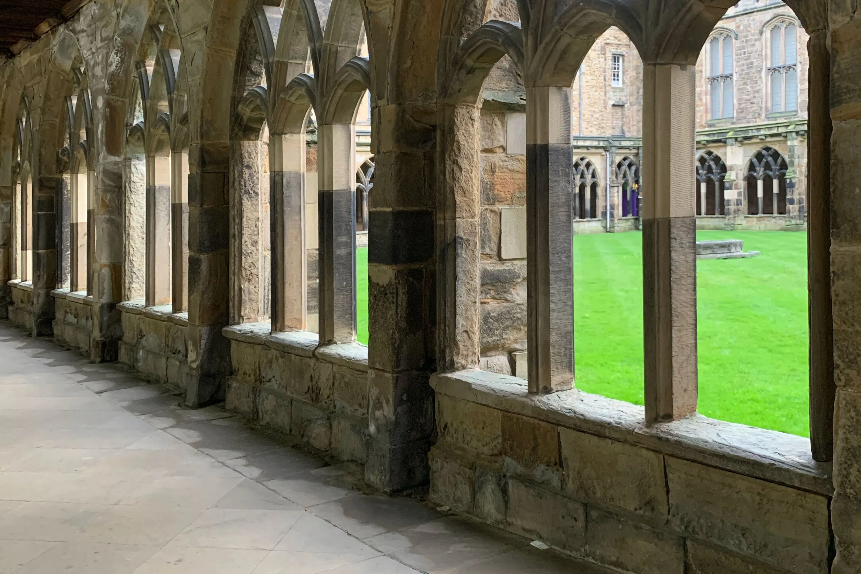 Image from inside the cloister looking into the central lawn