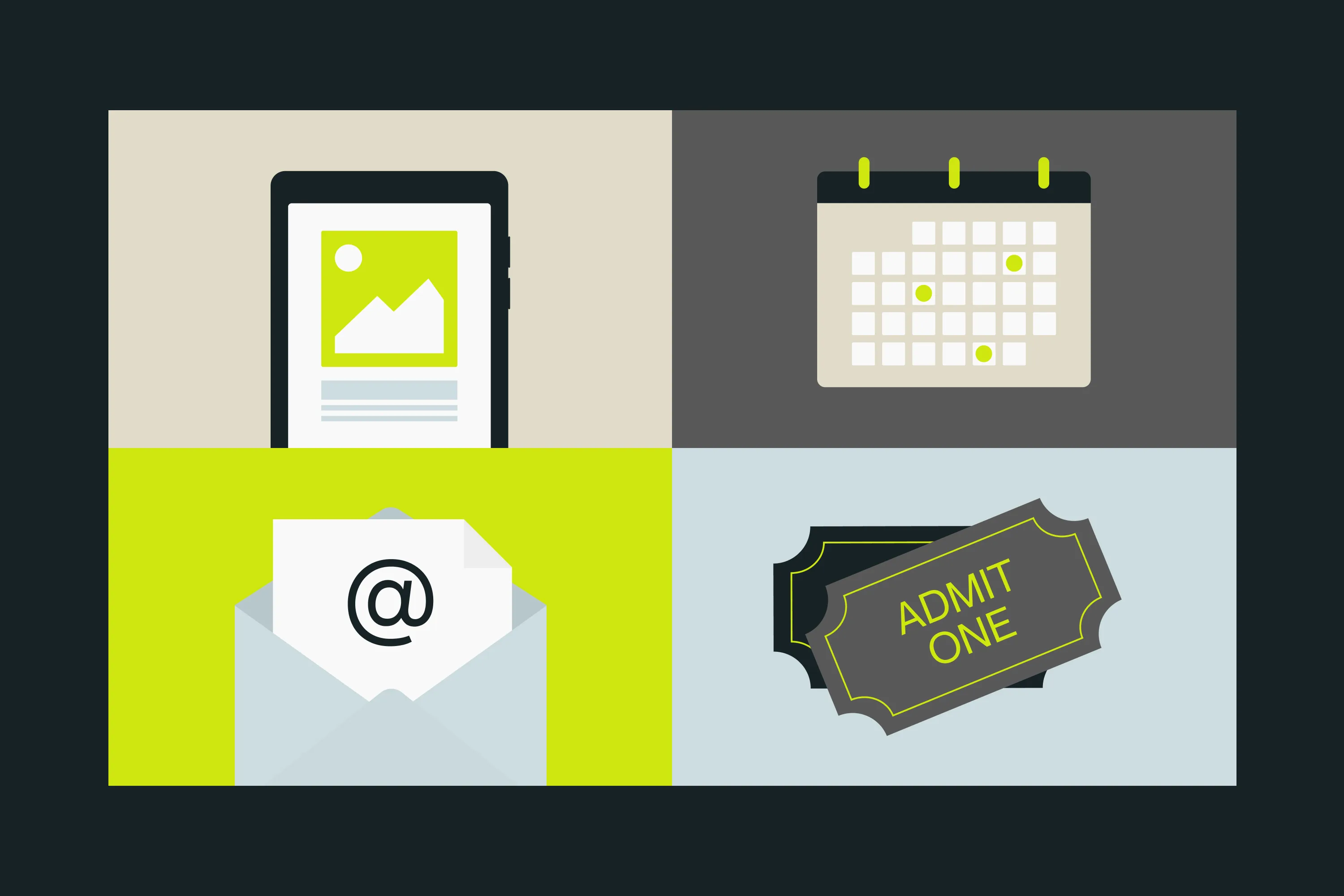 Illustration of a mobile device, a calendar, an email and a pair of tickets