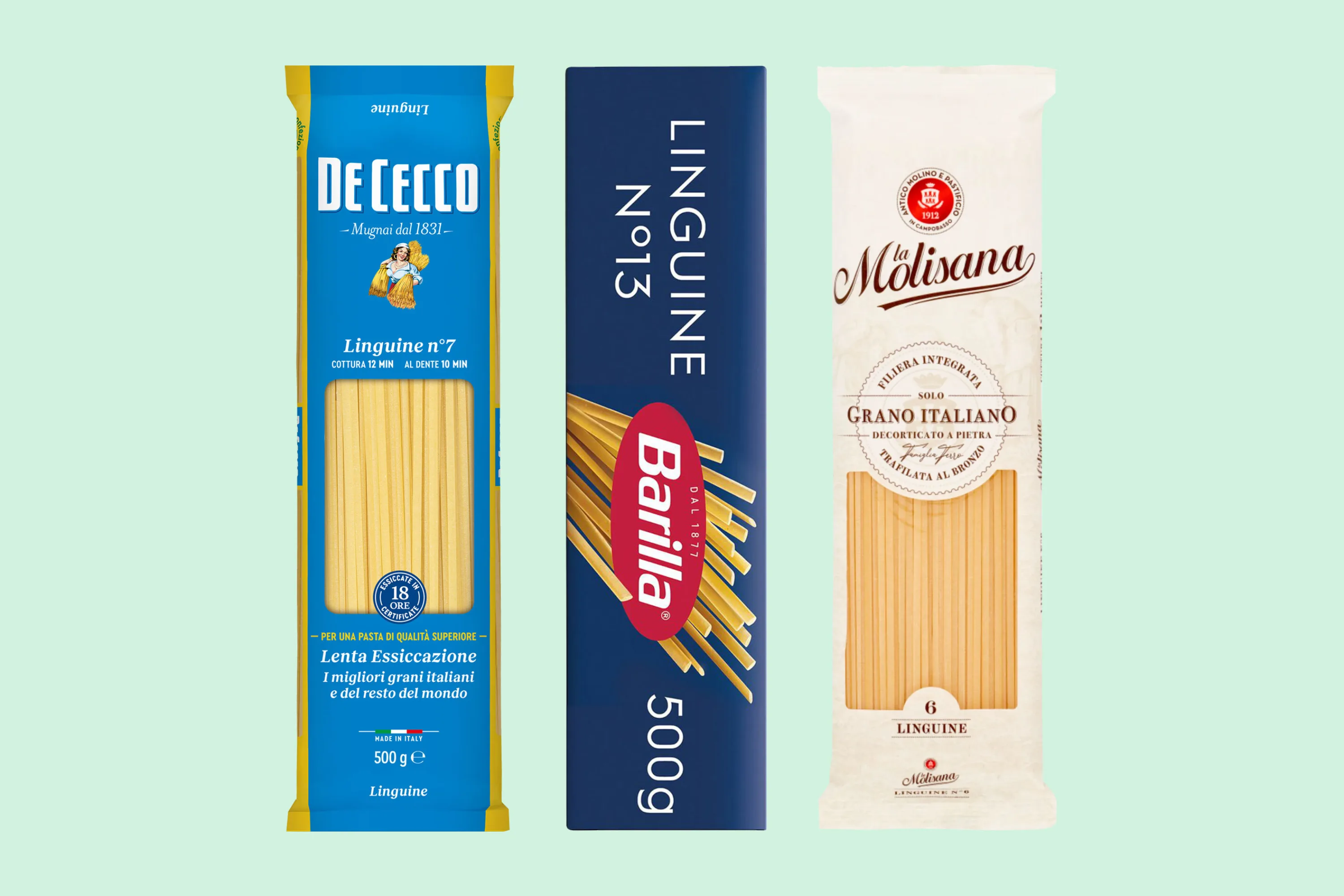 Three packets of linguini showing three different shape numbers