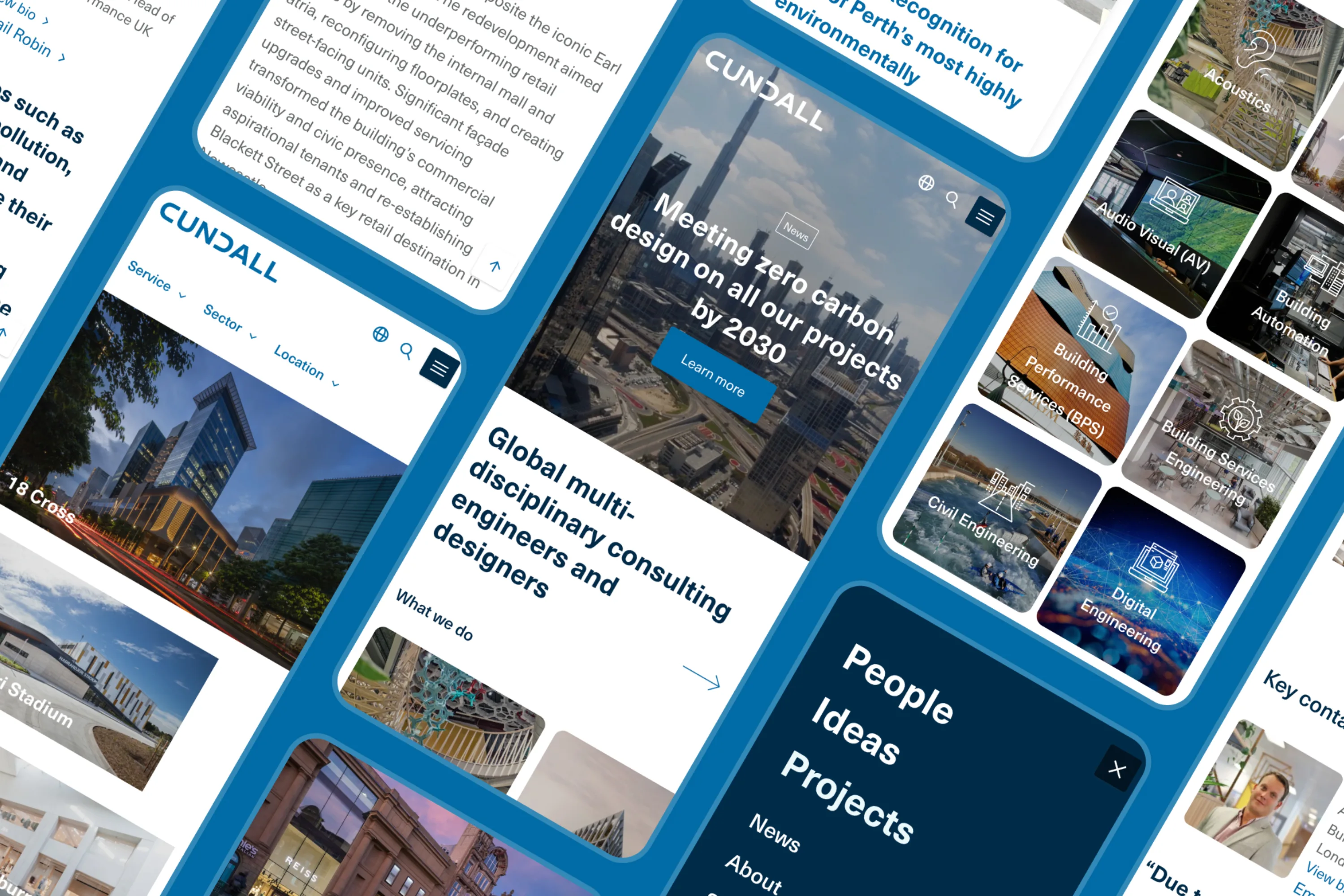 Various mobile interface screen shots from the Cundall website