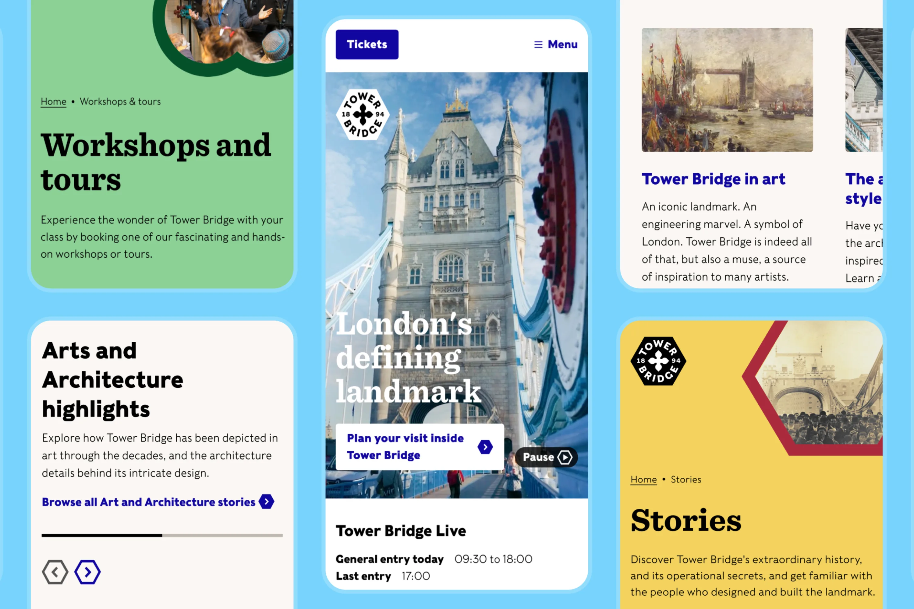 A series of mobile design layouts from the Tower Bridge website