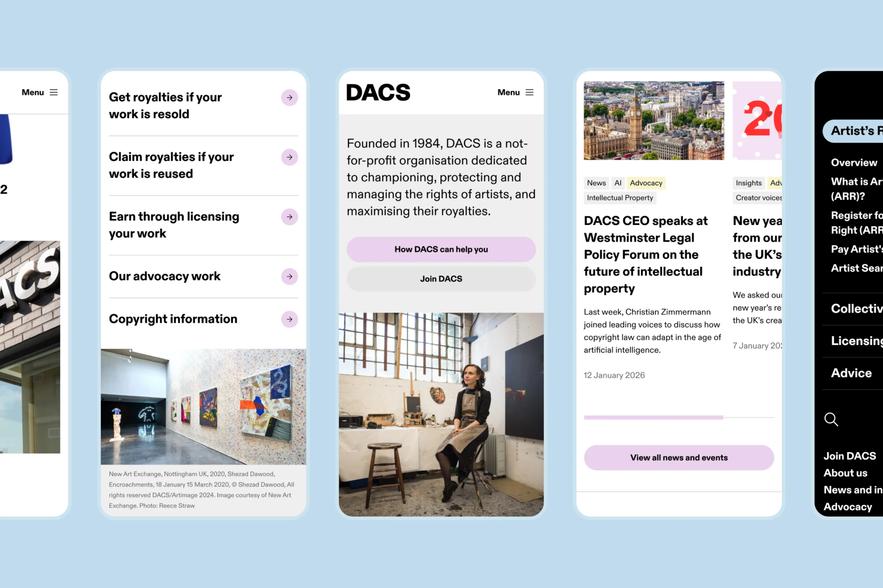 Mobile screenshots from the DACS website