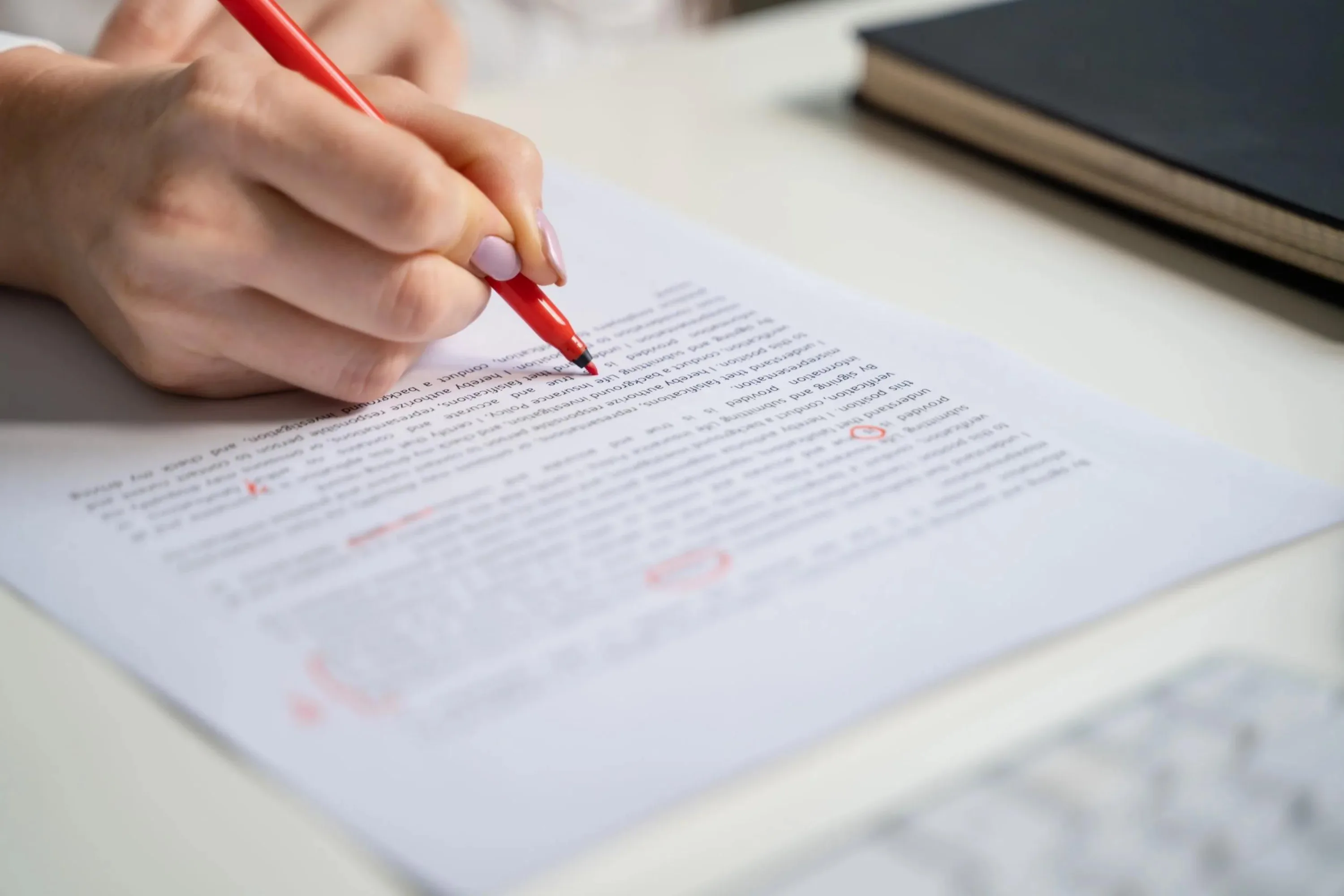 A woman's hand editing copy on a printed page using red pen