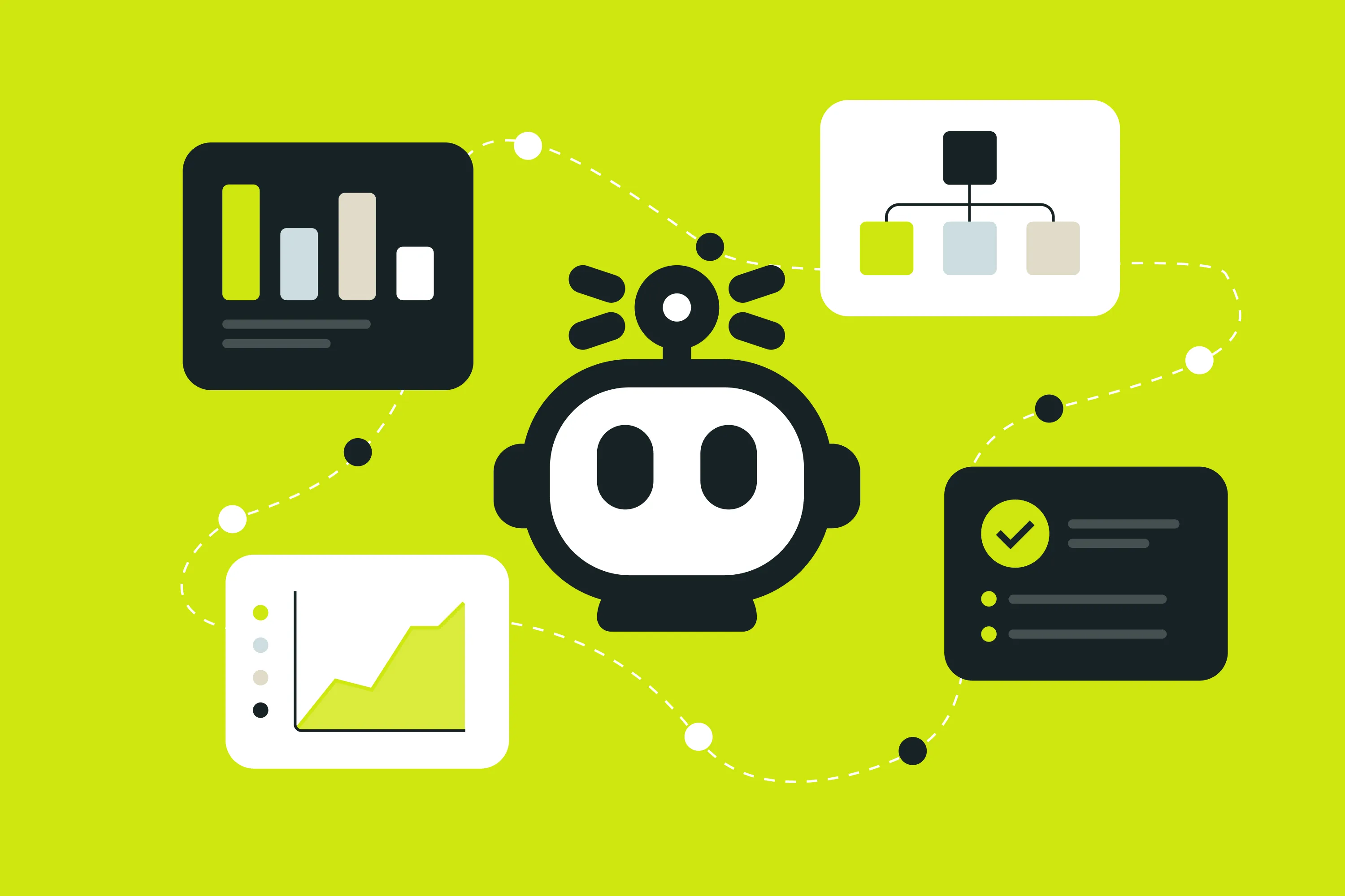 An illustration of an agentic robot with stats and graphs