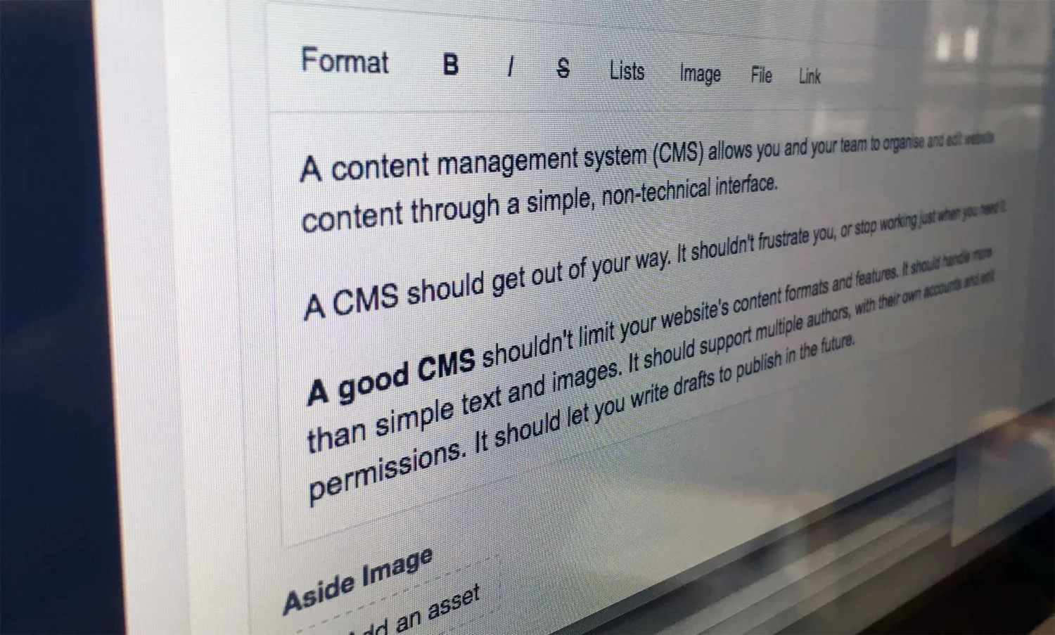 Craft CMS screenshot taken at an angle showing the rich text editor