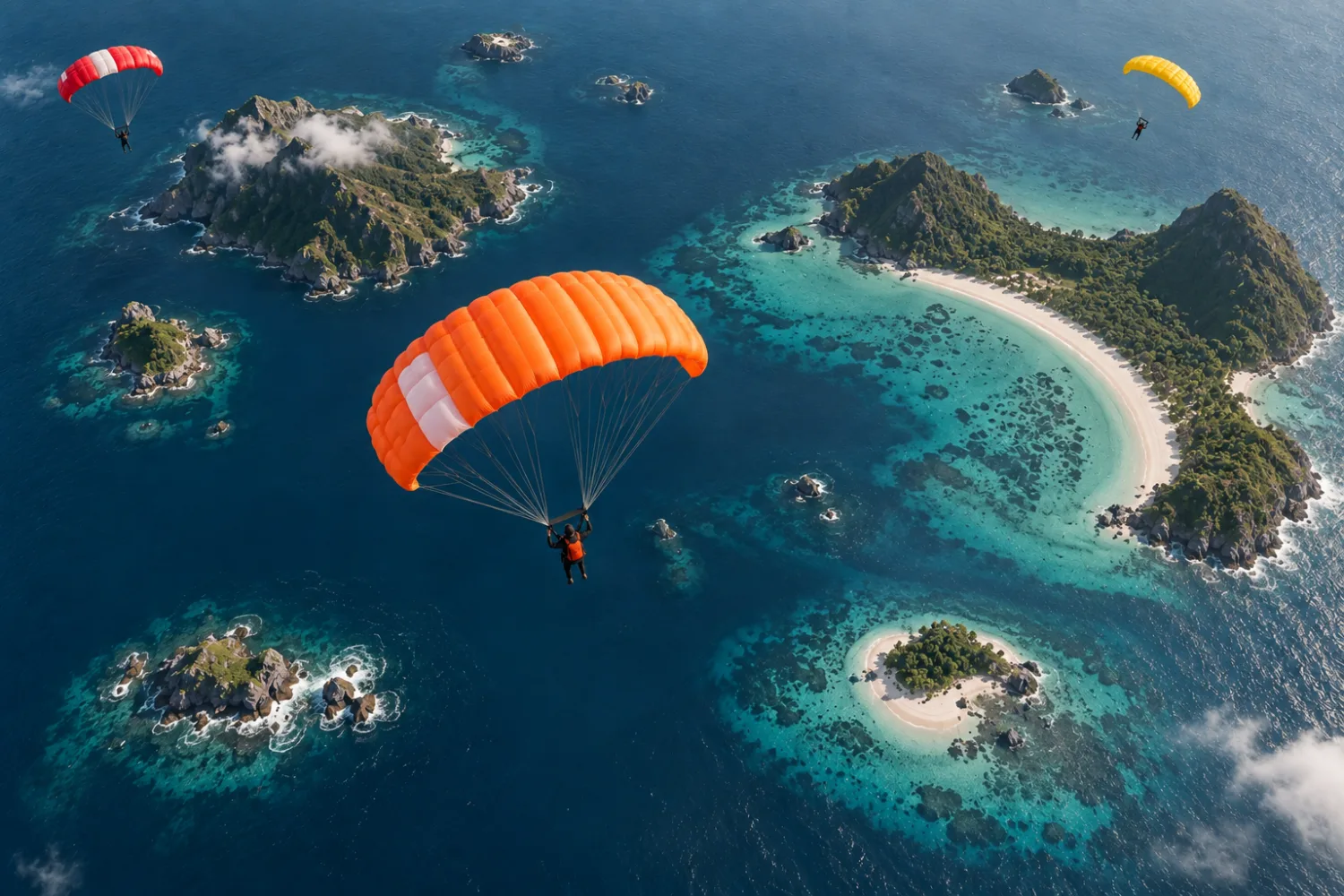 Multiple parachuted decent on a small archipelago, each island has a different size and terrain