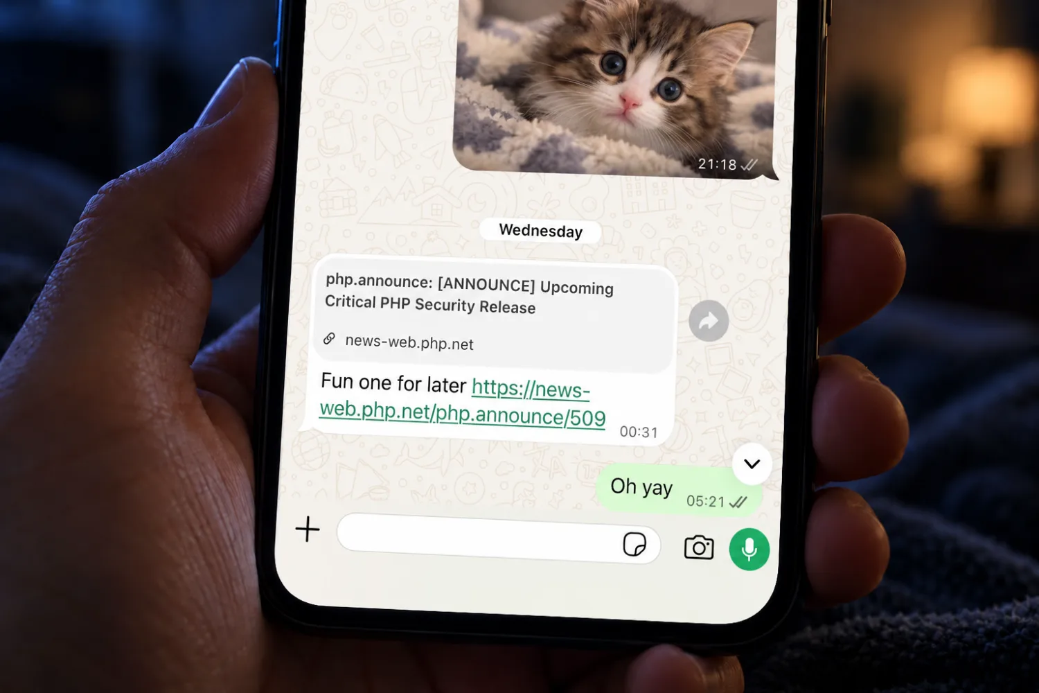 A hand holds a phone showing a WhatsApp chat. A cute kitten photo appears above a link announcing a critical PHP security release, followed by the reply “Oh yay”.
