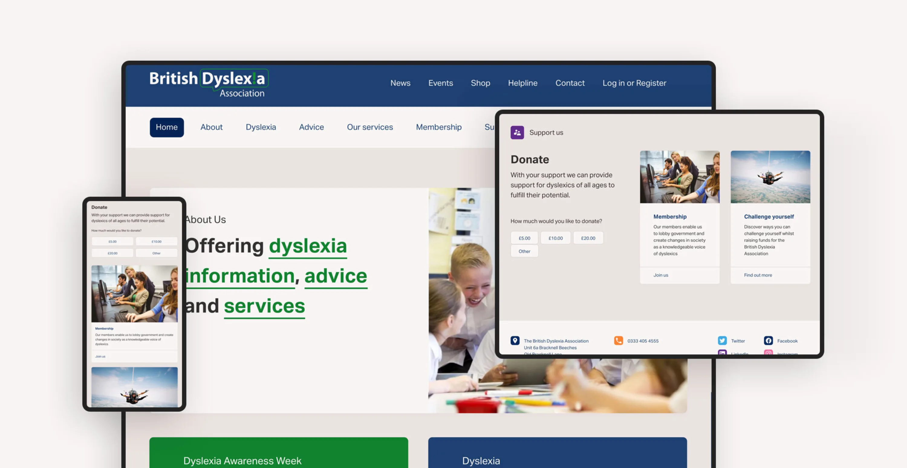 Screenshots of the British Dyslexia Association website on mobile, desktop and tablet devices