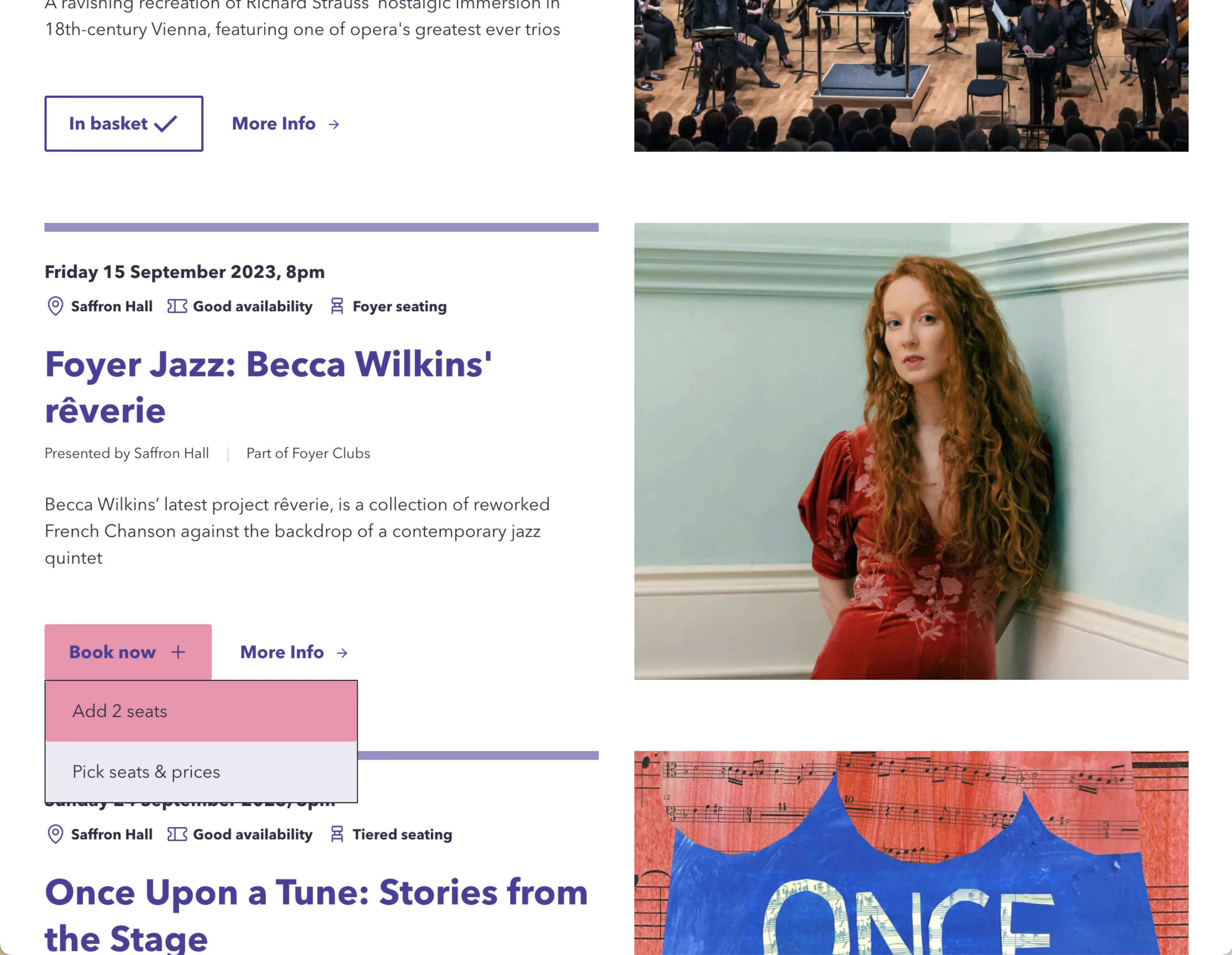Website screenshot showing a button with two options: Add 2 seats; Pick seats and prices
