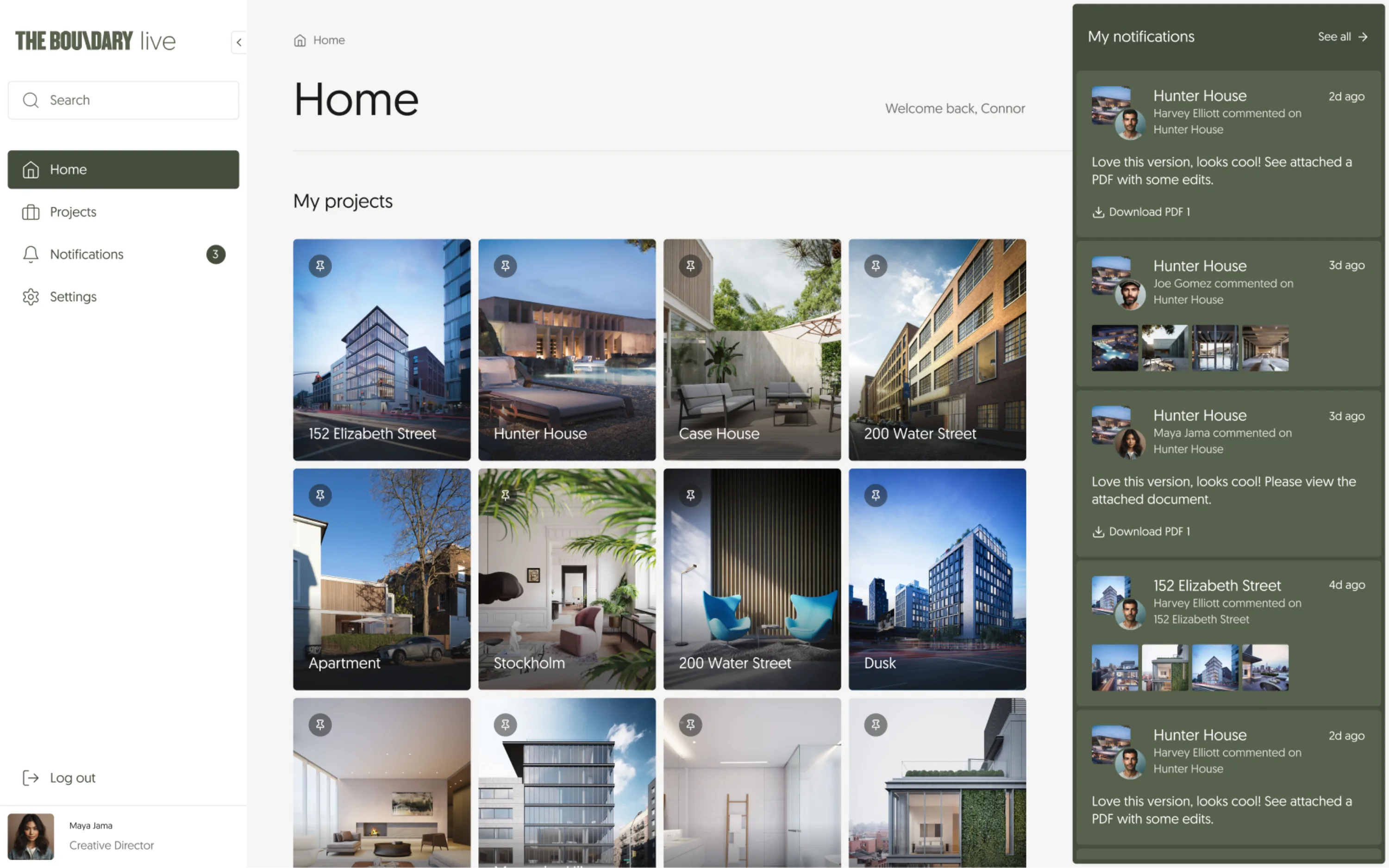 Screenshot of a web app homepage showing navigation, multiple image tiles and a comments sidebar