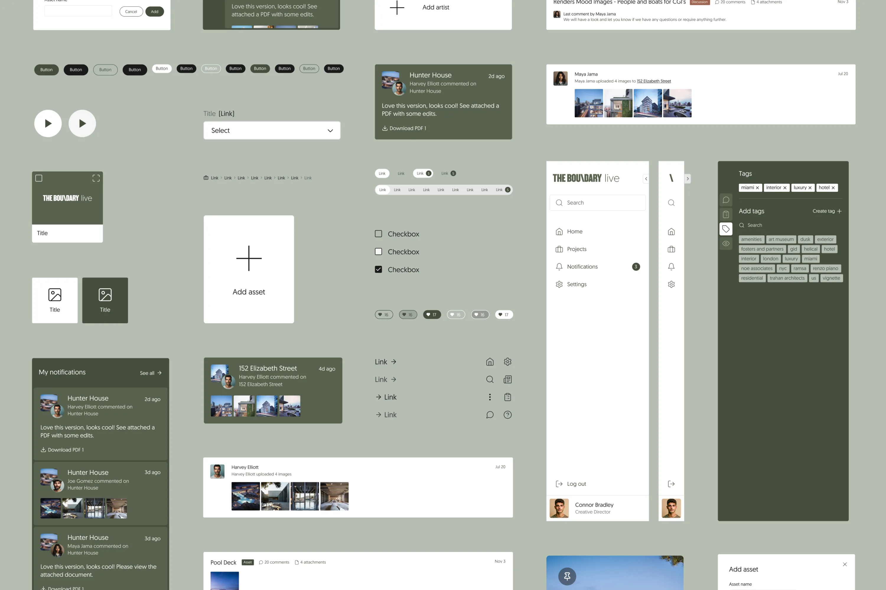 Montage showing various user interface elements from a modern web app