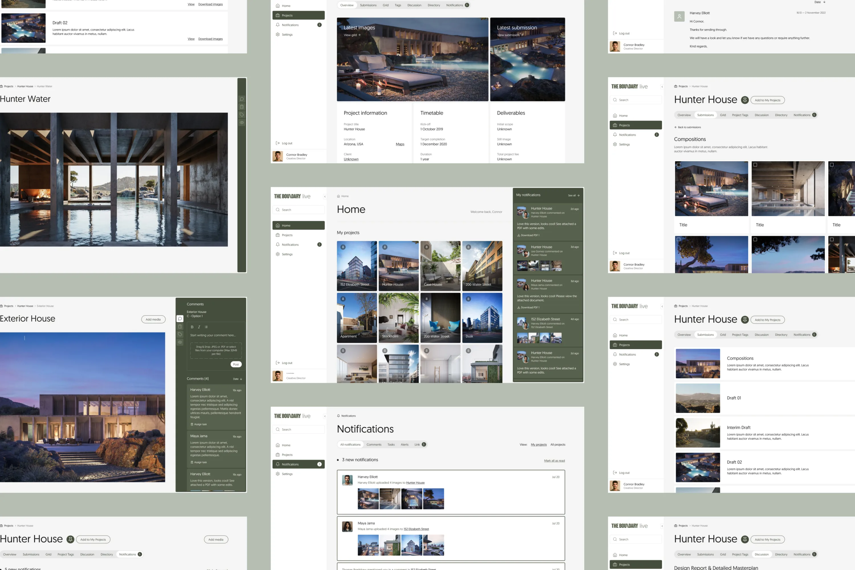 Montage of screenshots showing a modern user interface