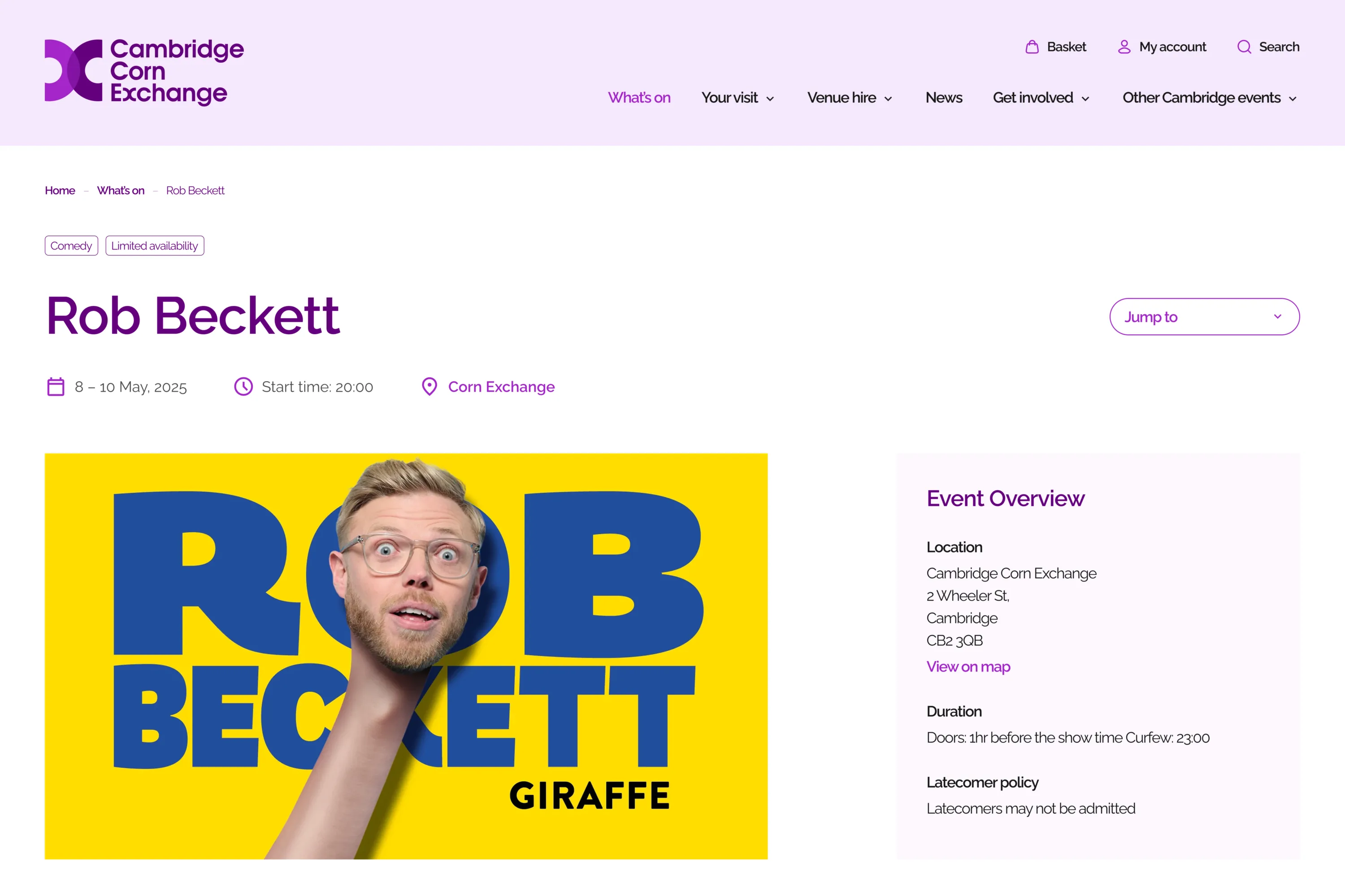 Cambridge Live desktop screenshot showing a Rob Becket tour date
