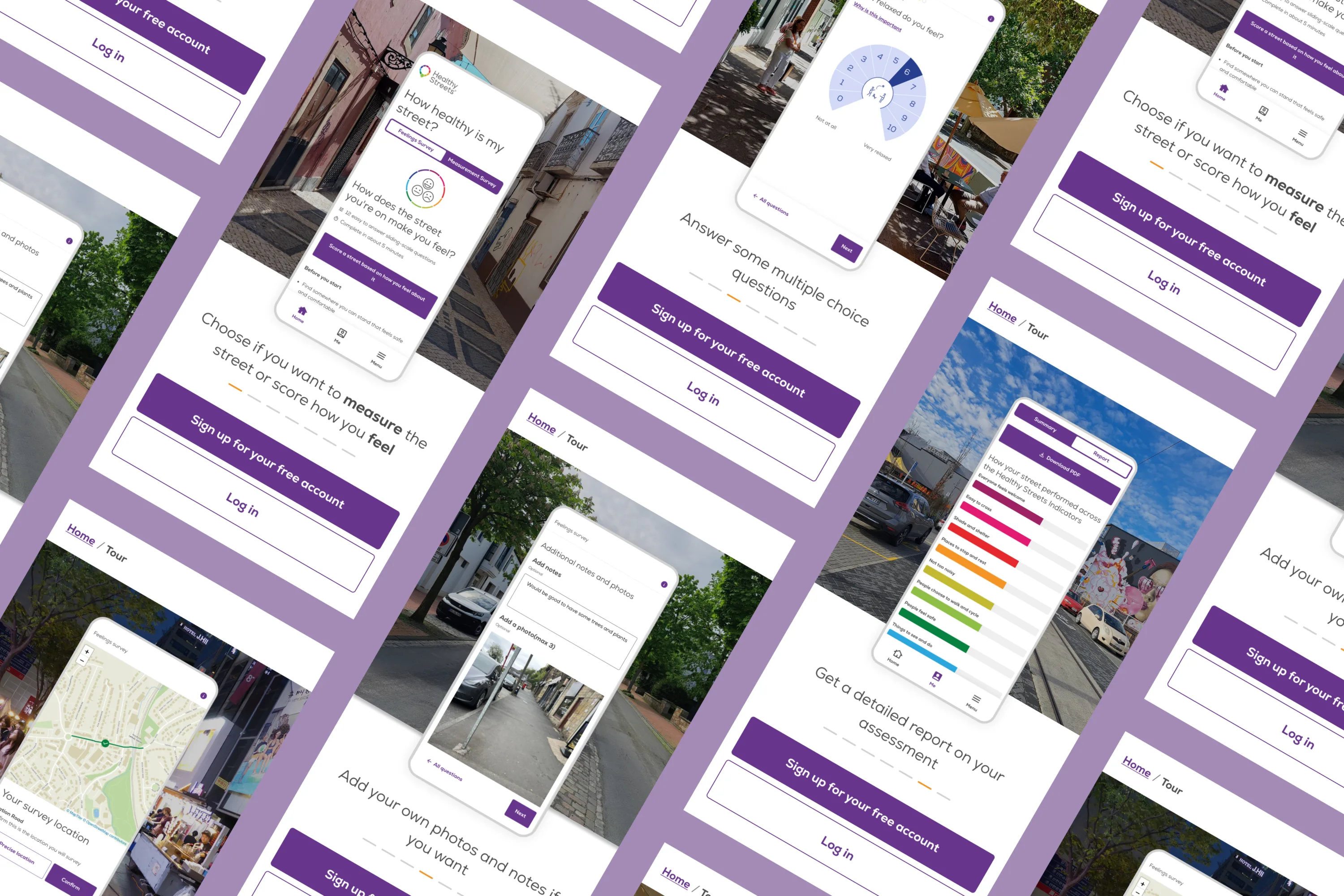 Montage of mobile interfaces of the healthy streets platform