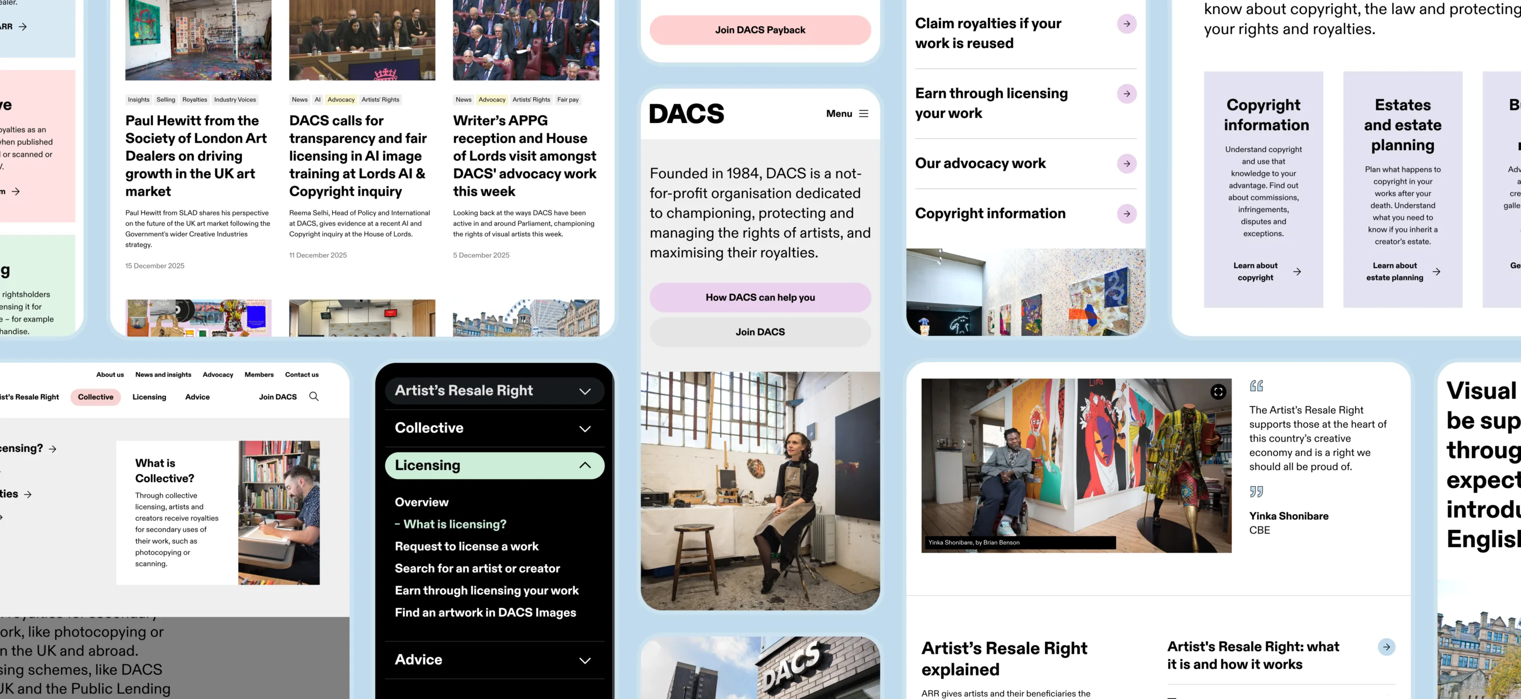 Various website screenshots from the DACS website