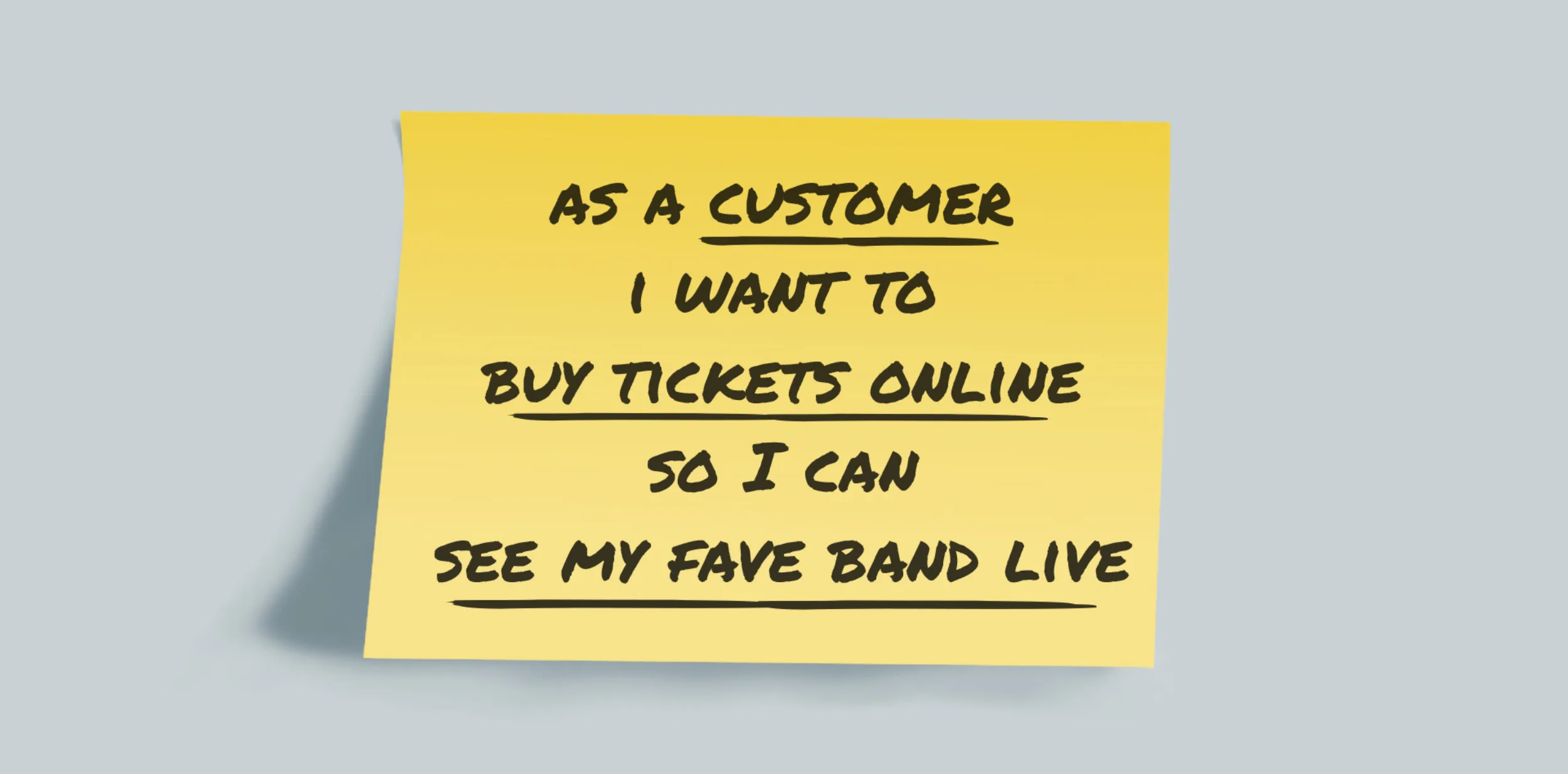 Image of handwriting reading: “As a customer, I want to buy tickets online, So that I can see my fave band live"