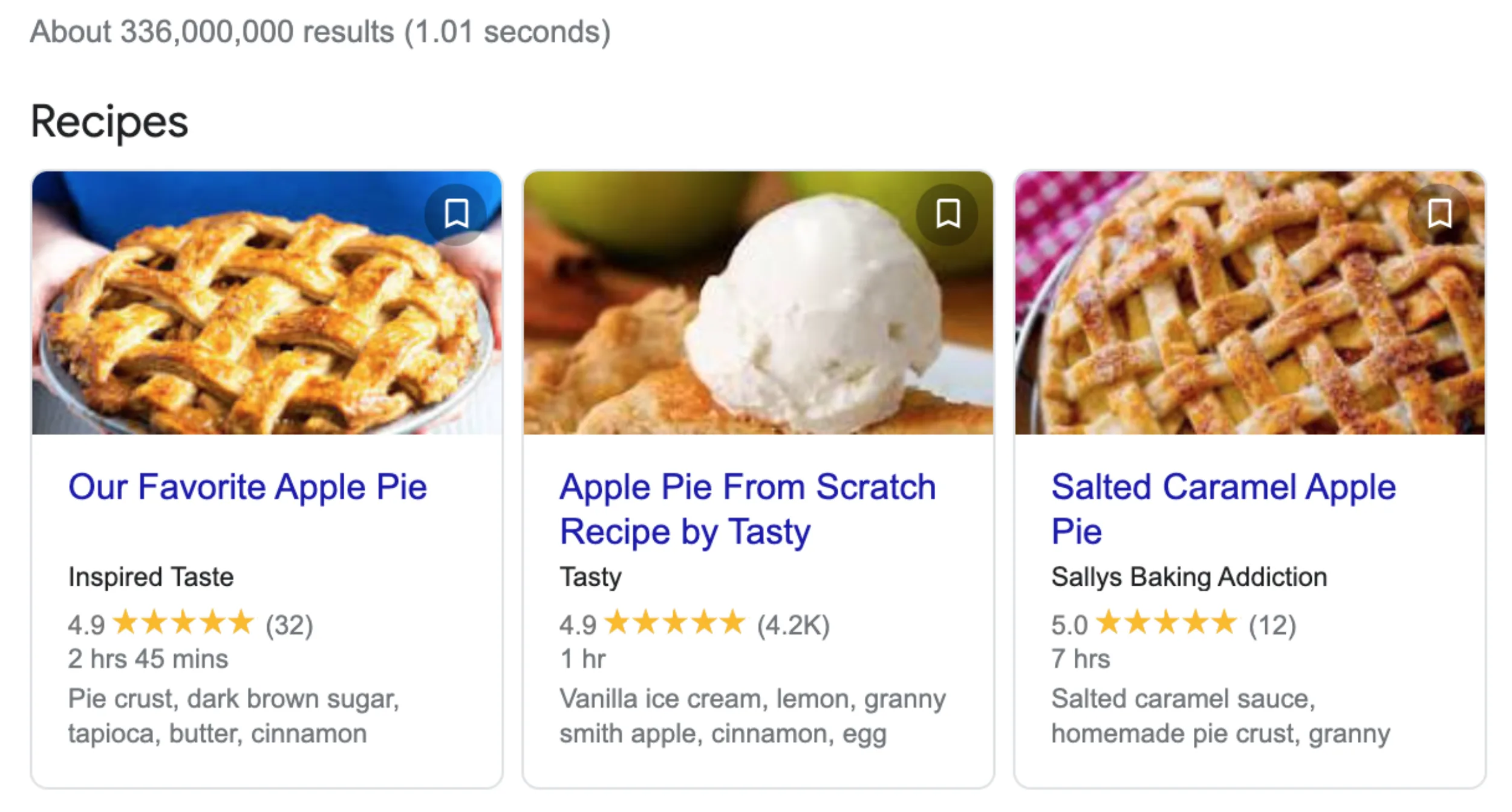 Three search results showing apple pies