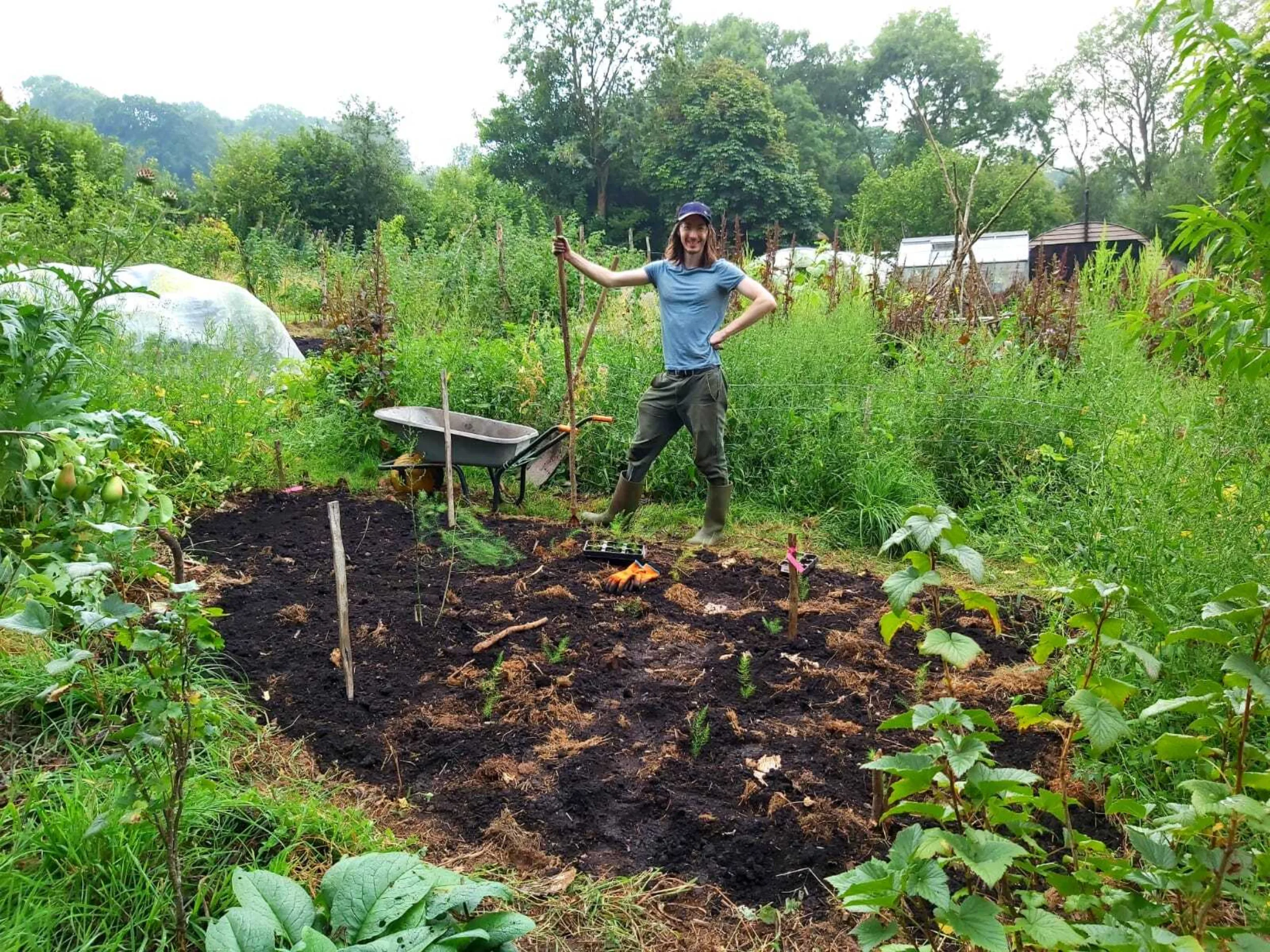 A man poses with a wheelbarrow and hoe in front of a small vegetable patch