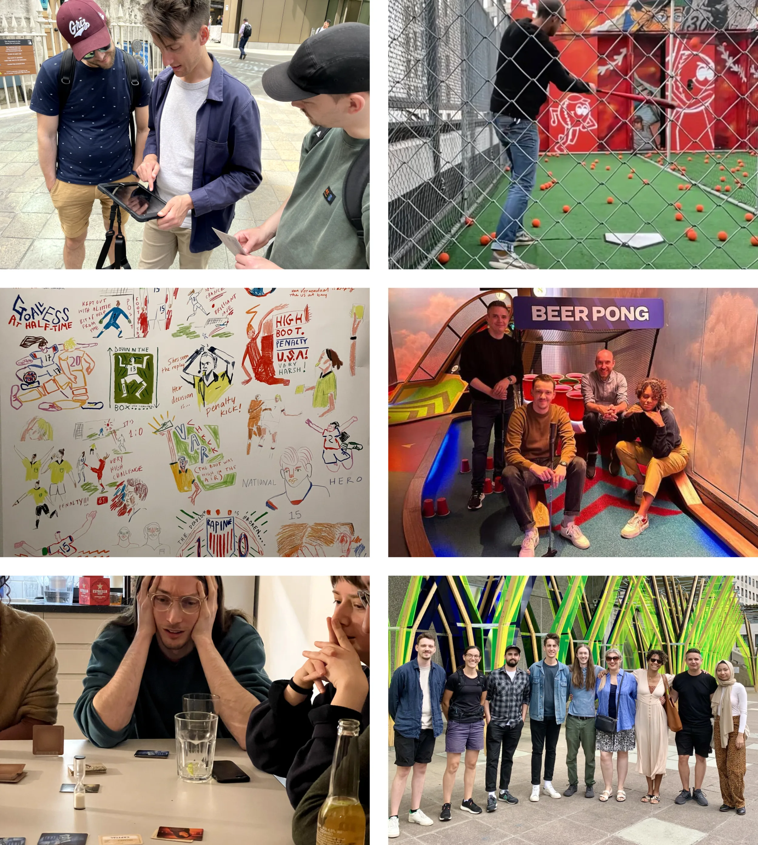 Composite image showing the team following clues around Central London to solve a mystery; batting cages at Roof East in Stratford; Puttshack in Bank; a visit to Southbank Centre; games night at the studio; and an exhibit at Football: Designing the Beautiful Game at the Design Museum