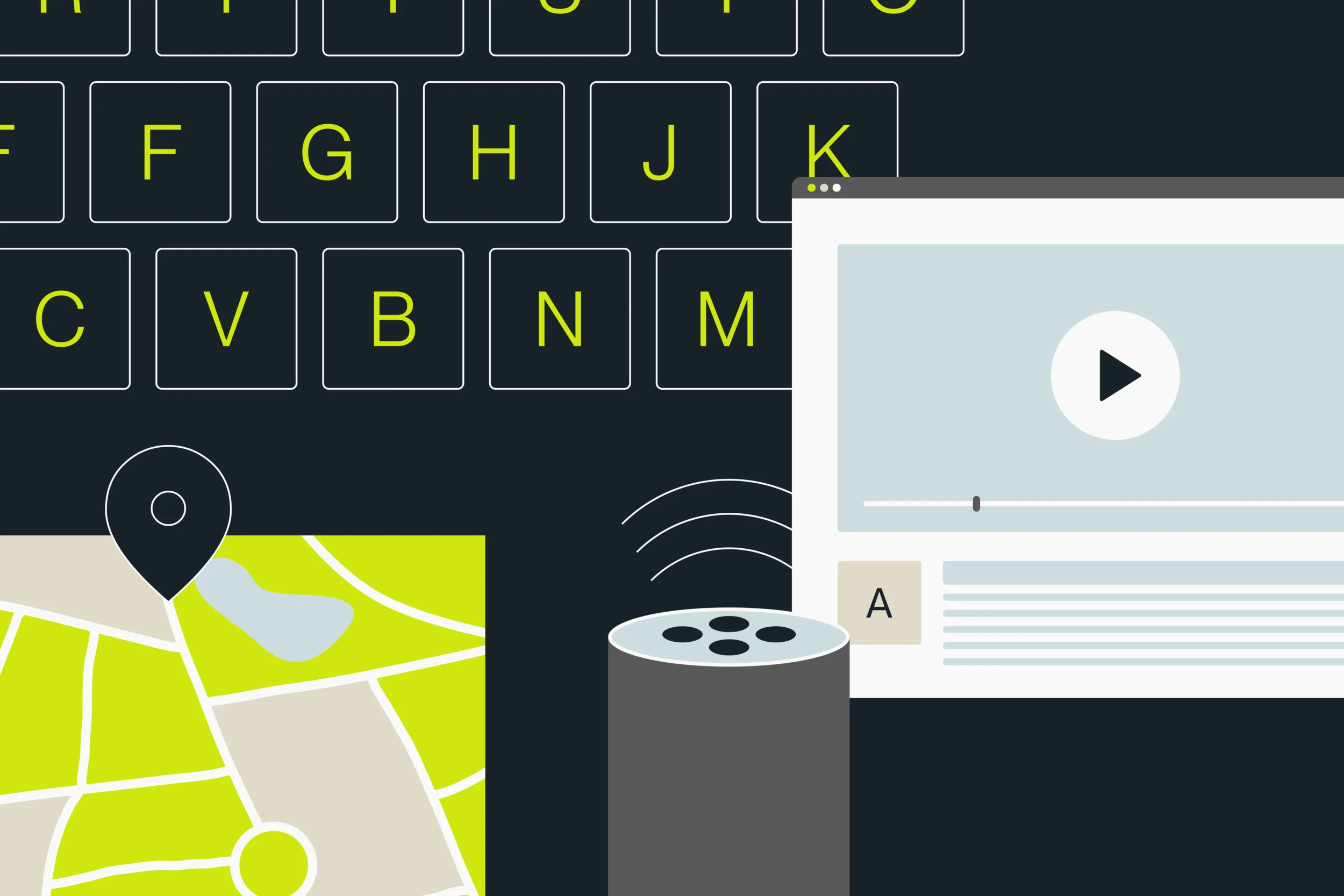 Illustration showing a computer keyboard, digital map, voice assistant and online video
