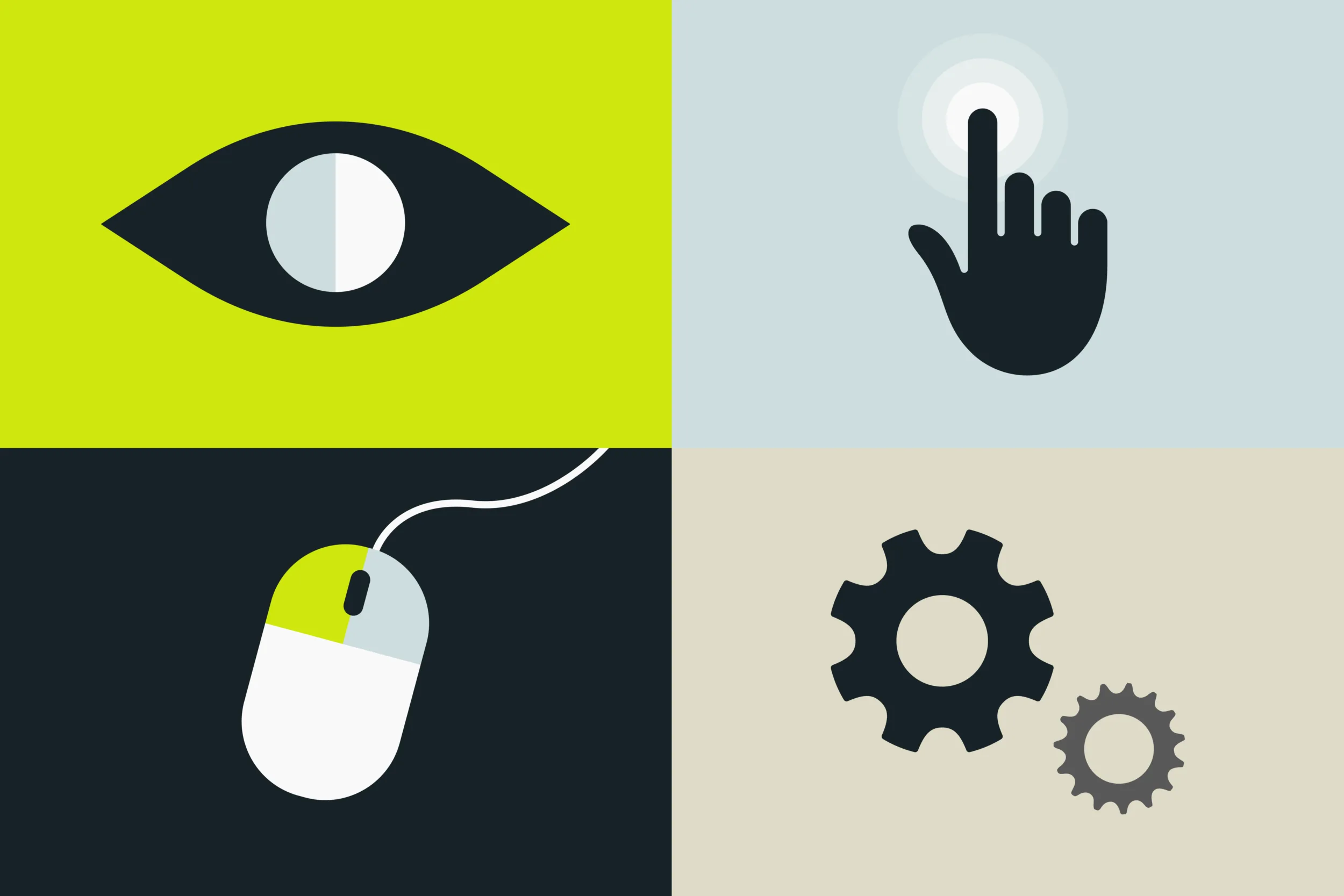Illustrations showing an eye, a tap gesture, a mouse click and cogs