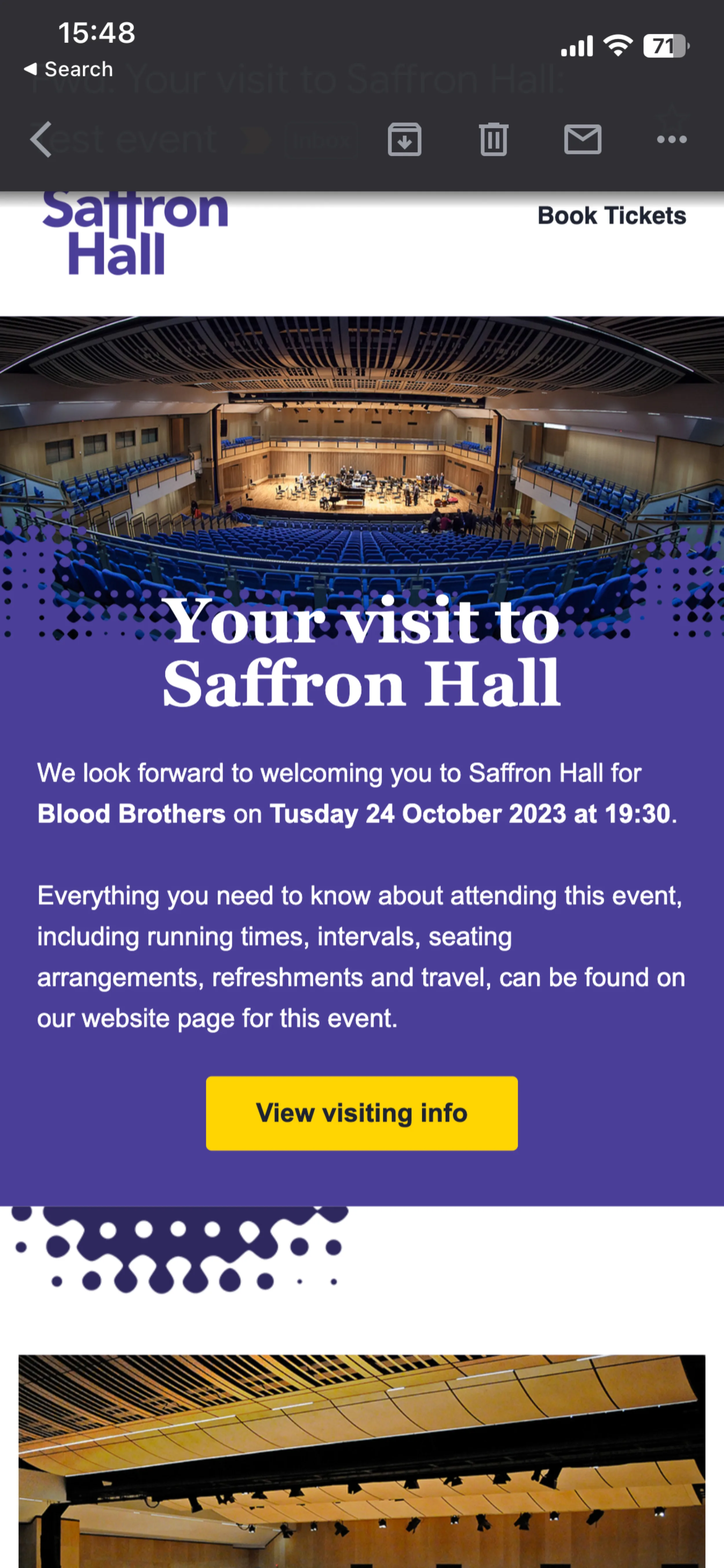 Email showing a clear "View visiting info" button