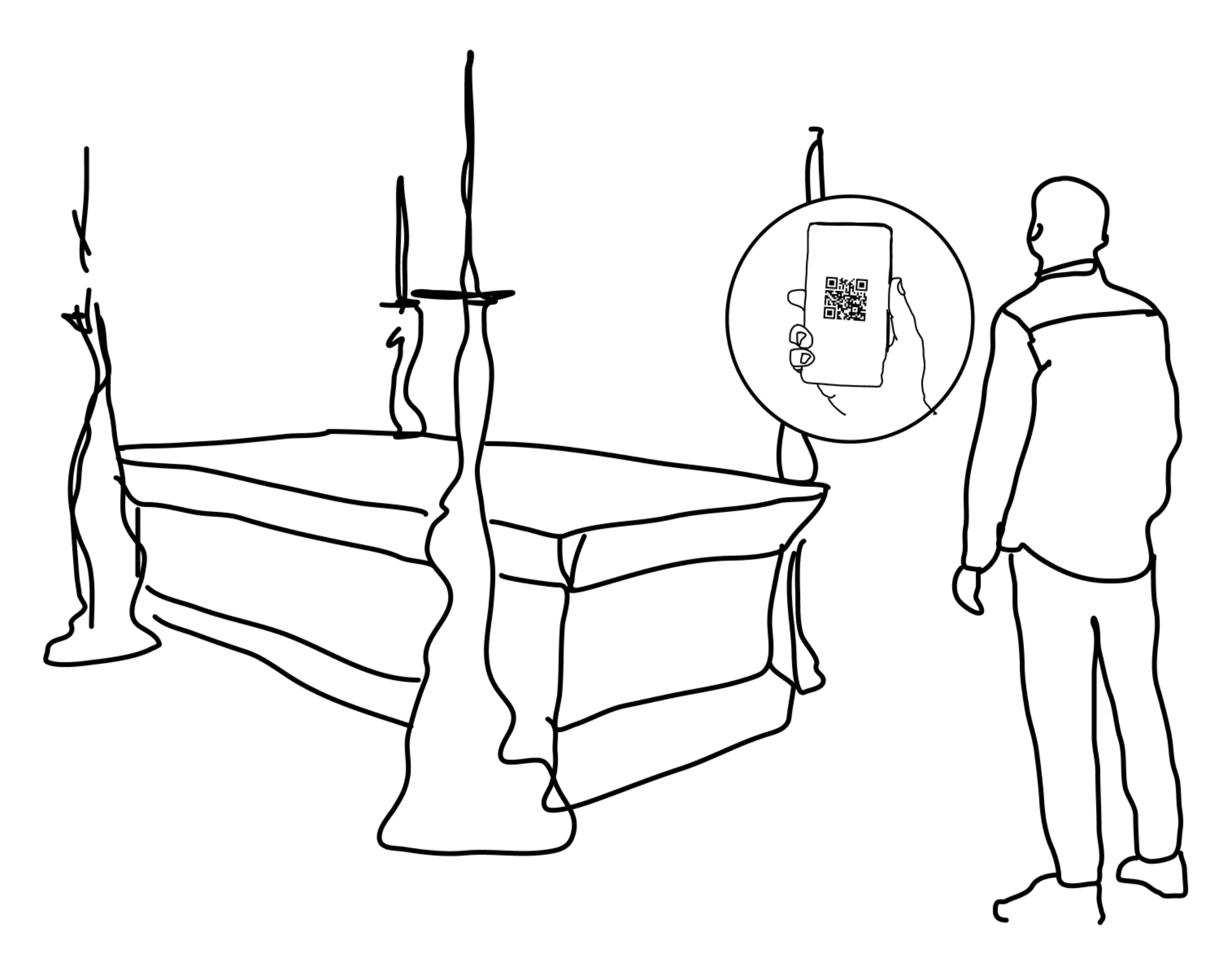 Rudimentary sketch of a man scanning a QR code at an ornate tomb