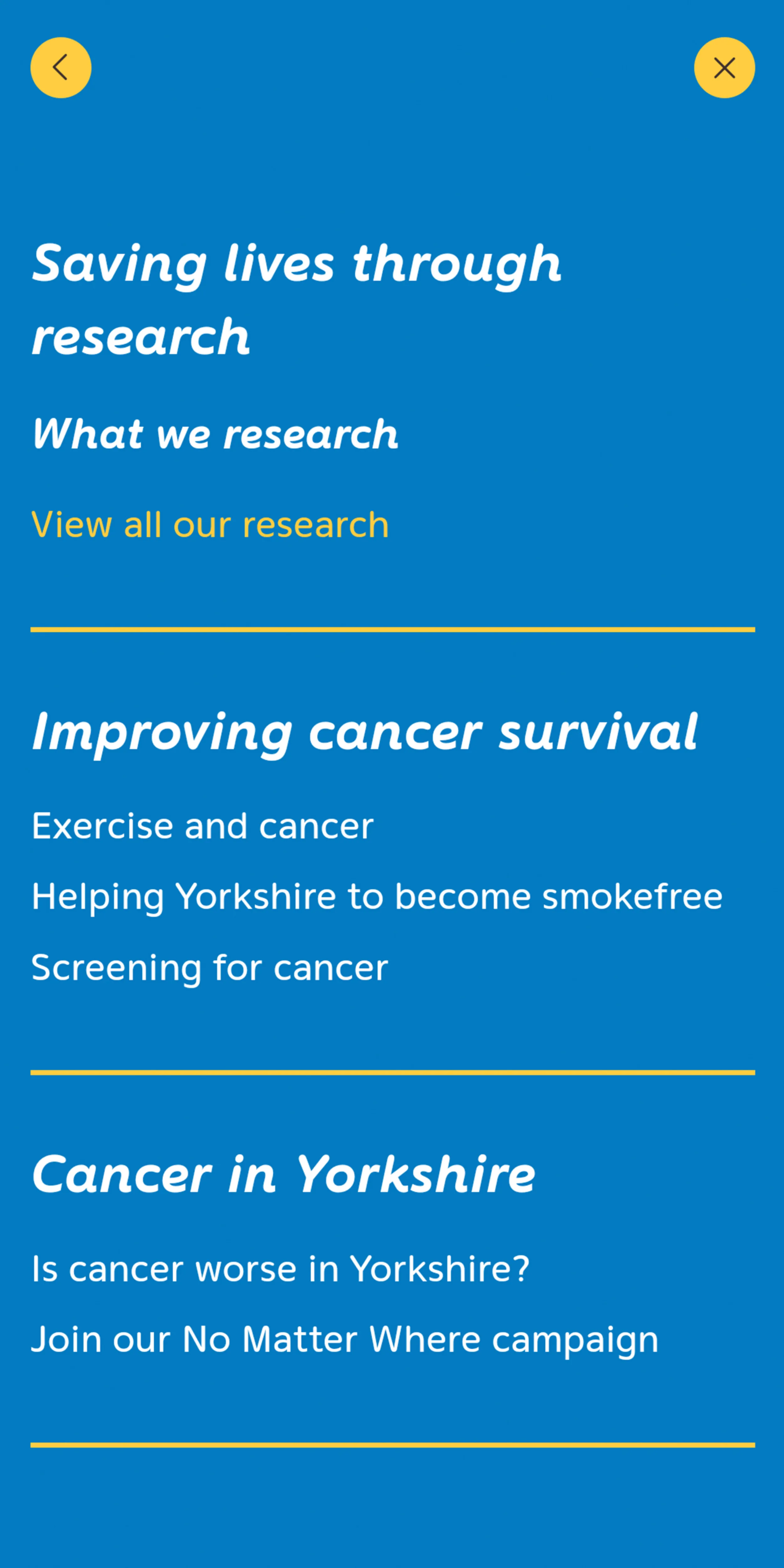 Mobile screenshot with the heading "Saving lives through research"