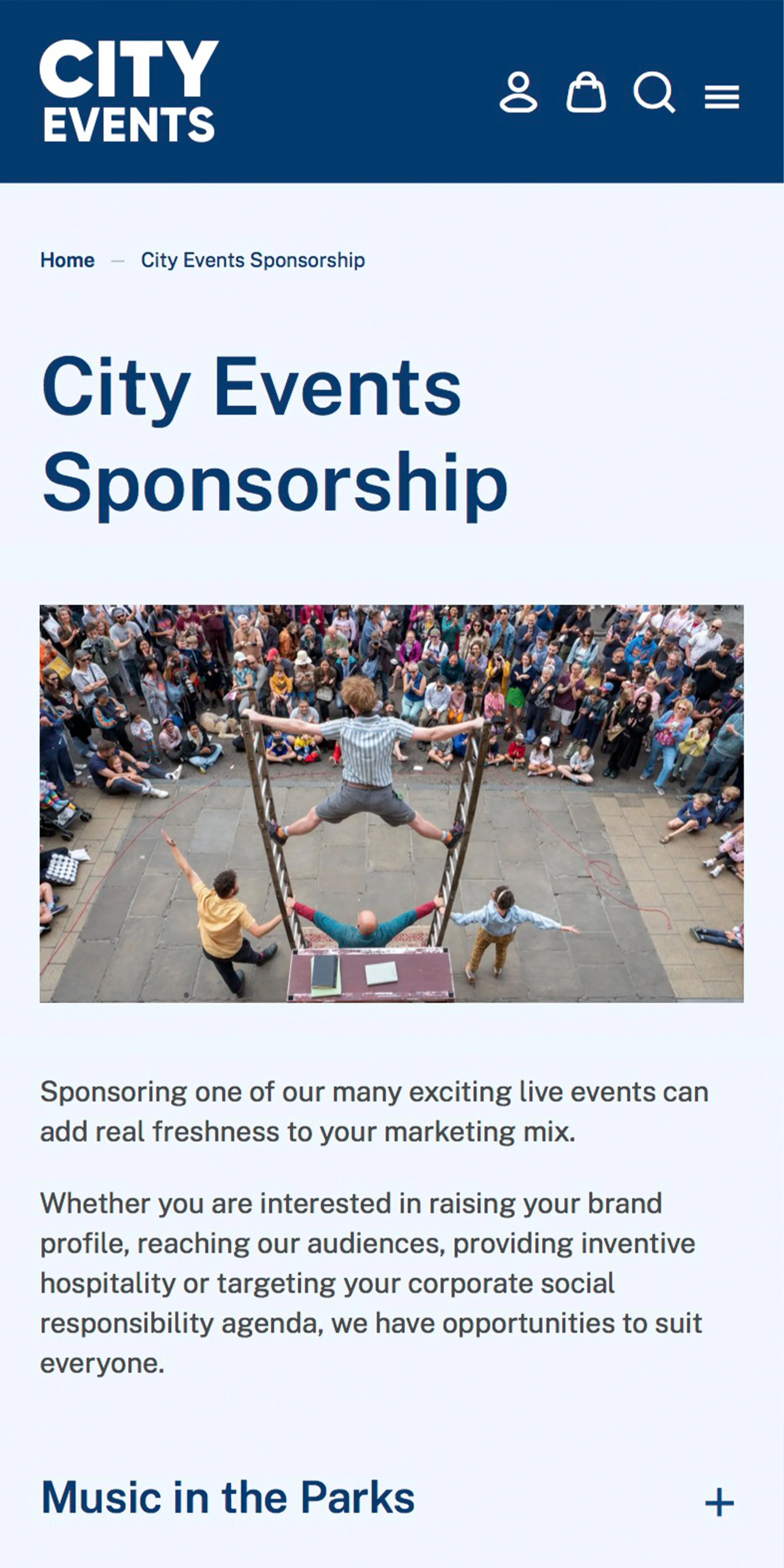 Cambridge City Events screenshot showing the Sponsorship Opportunities page