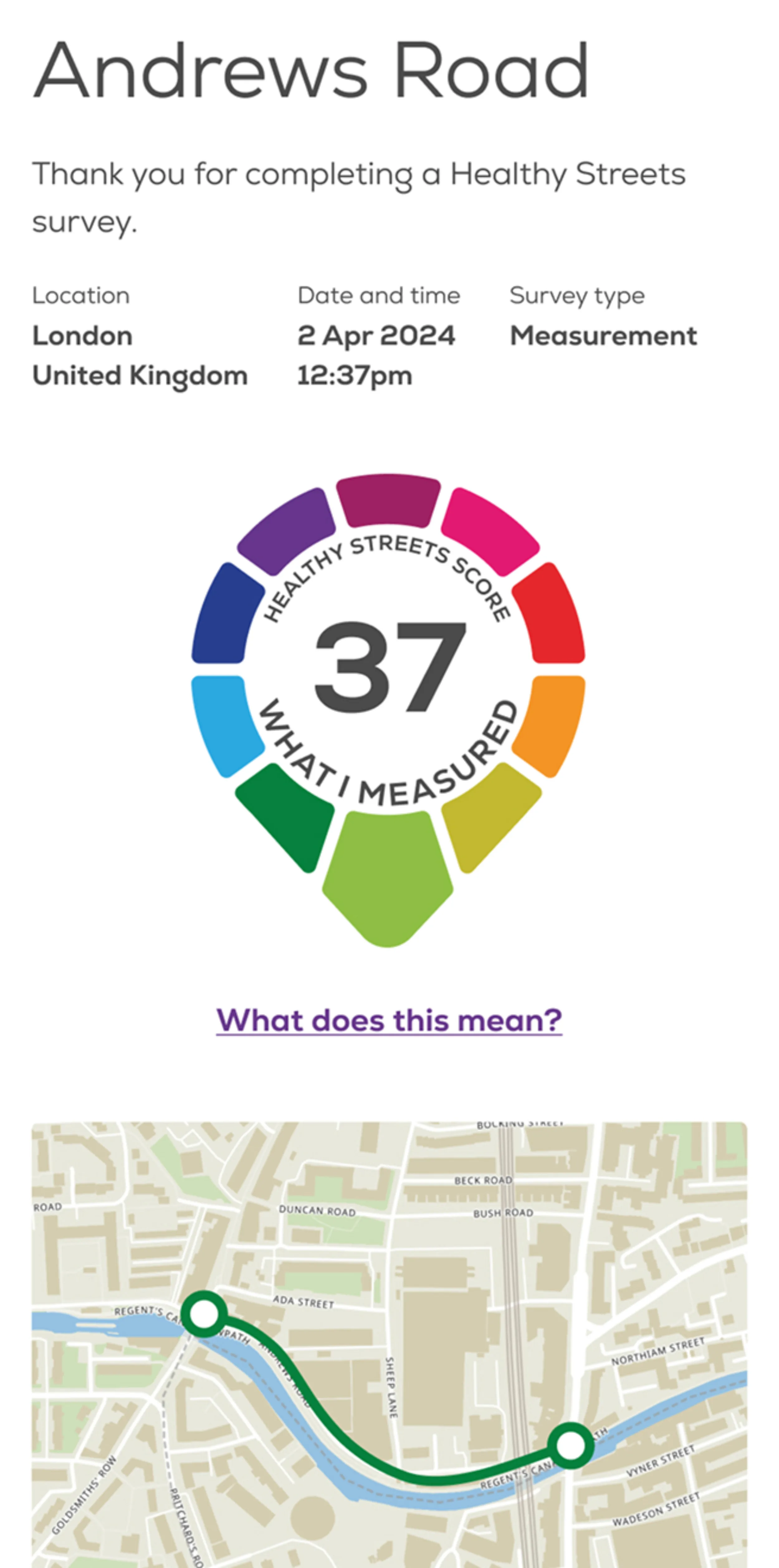 Mobile screen with healthy streets score and map showing the scored street
