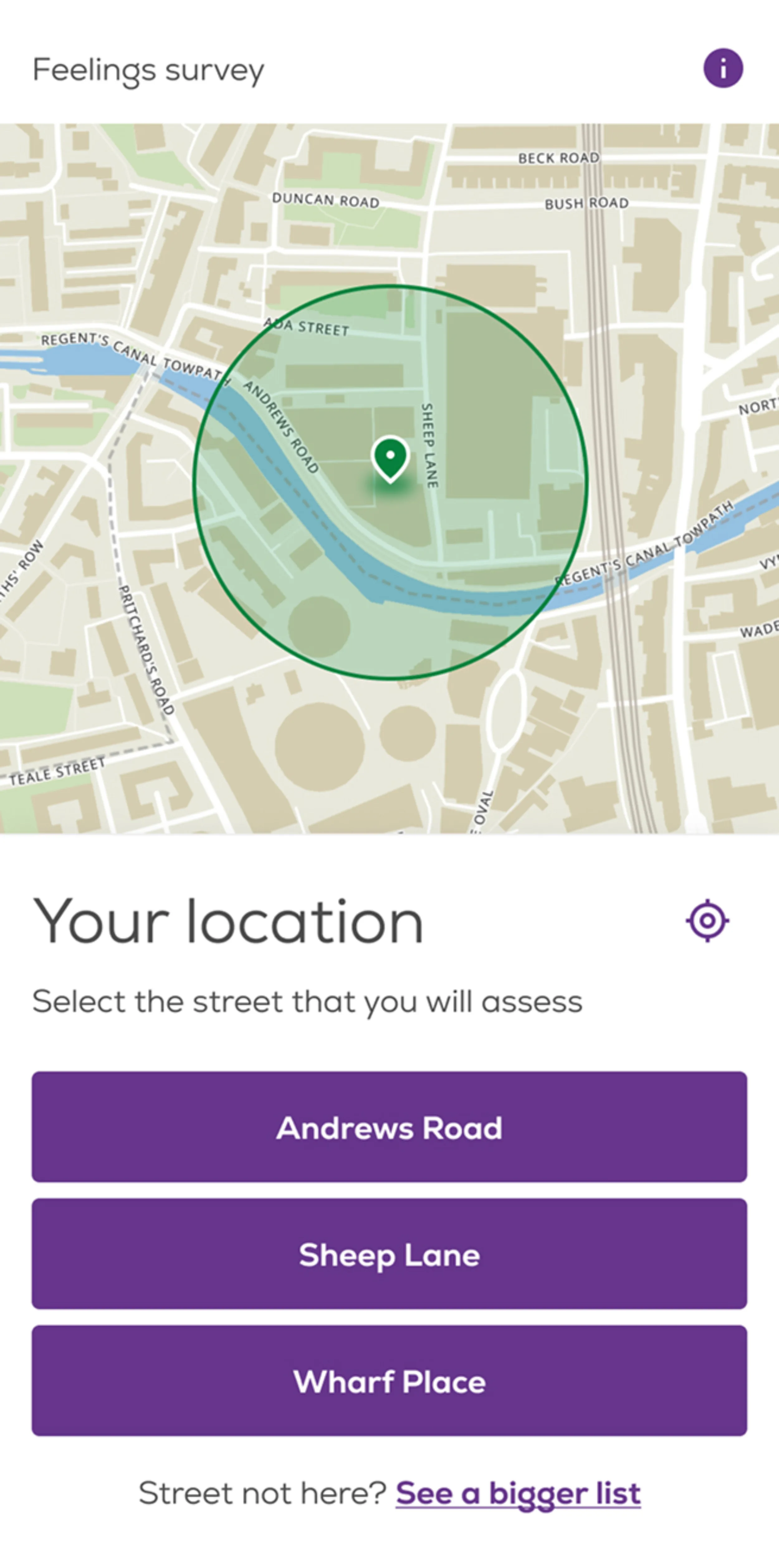 Mobile interface showing a radial location pin with three nearby streets to select from