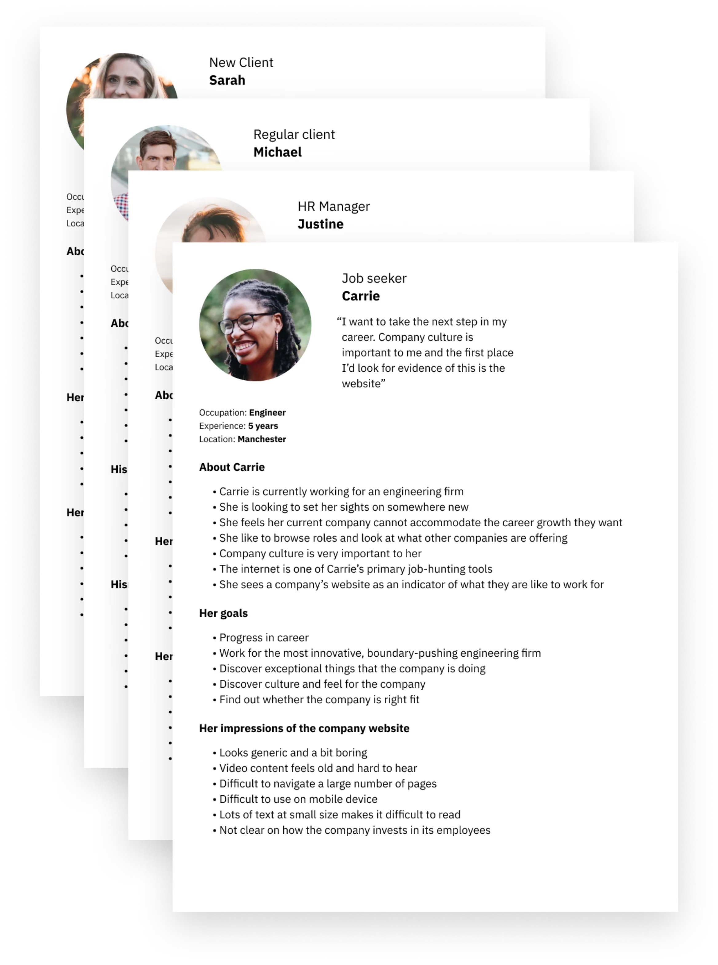 Four pages of user personas showing profile photo, name, primary role and biography, user goals and impressions of the website