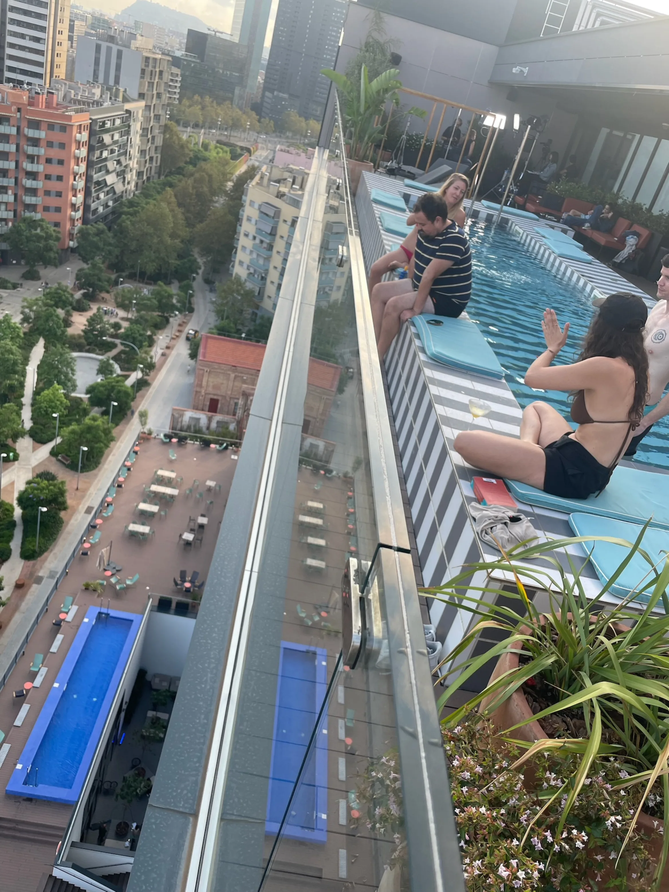 A rooftop pool and city view