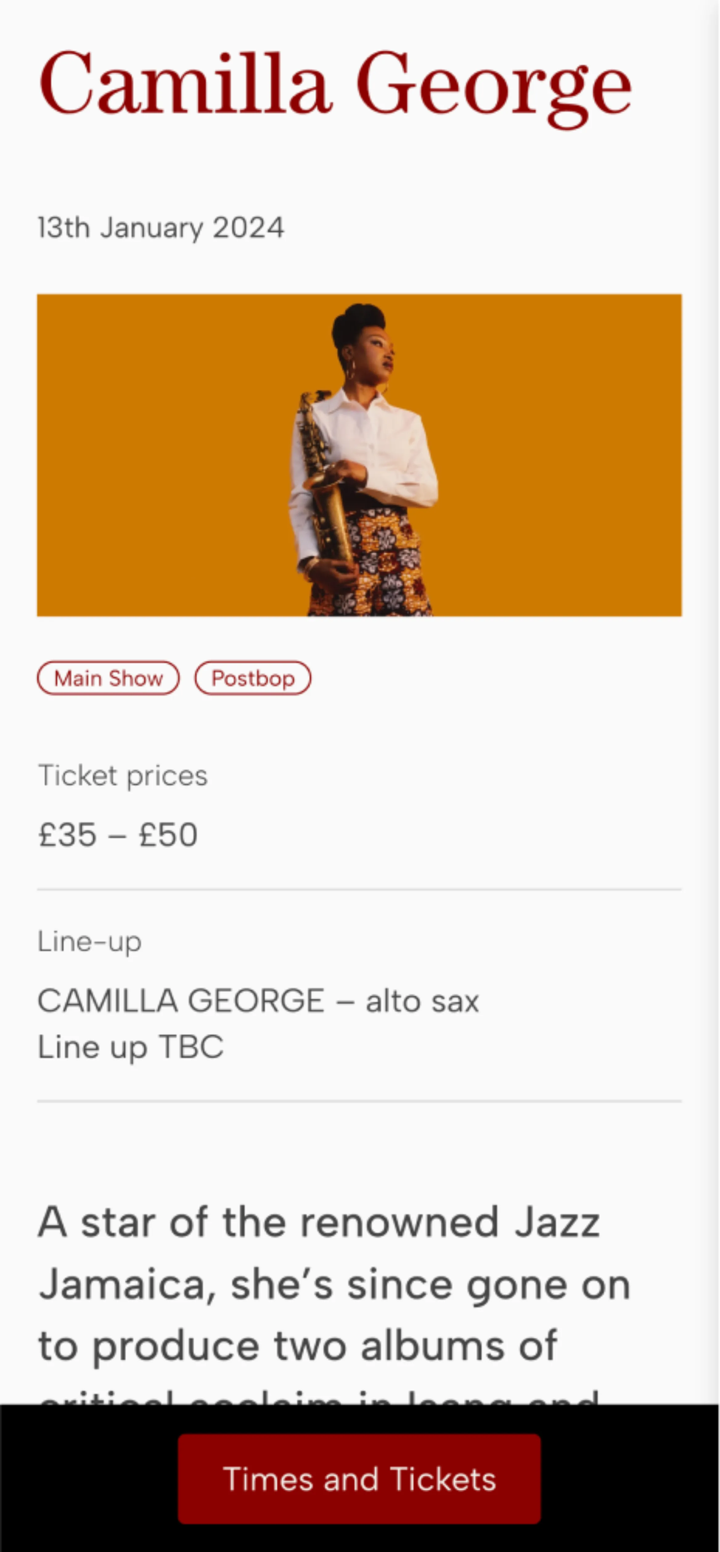 Screenshot showing details of a Camilla George show