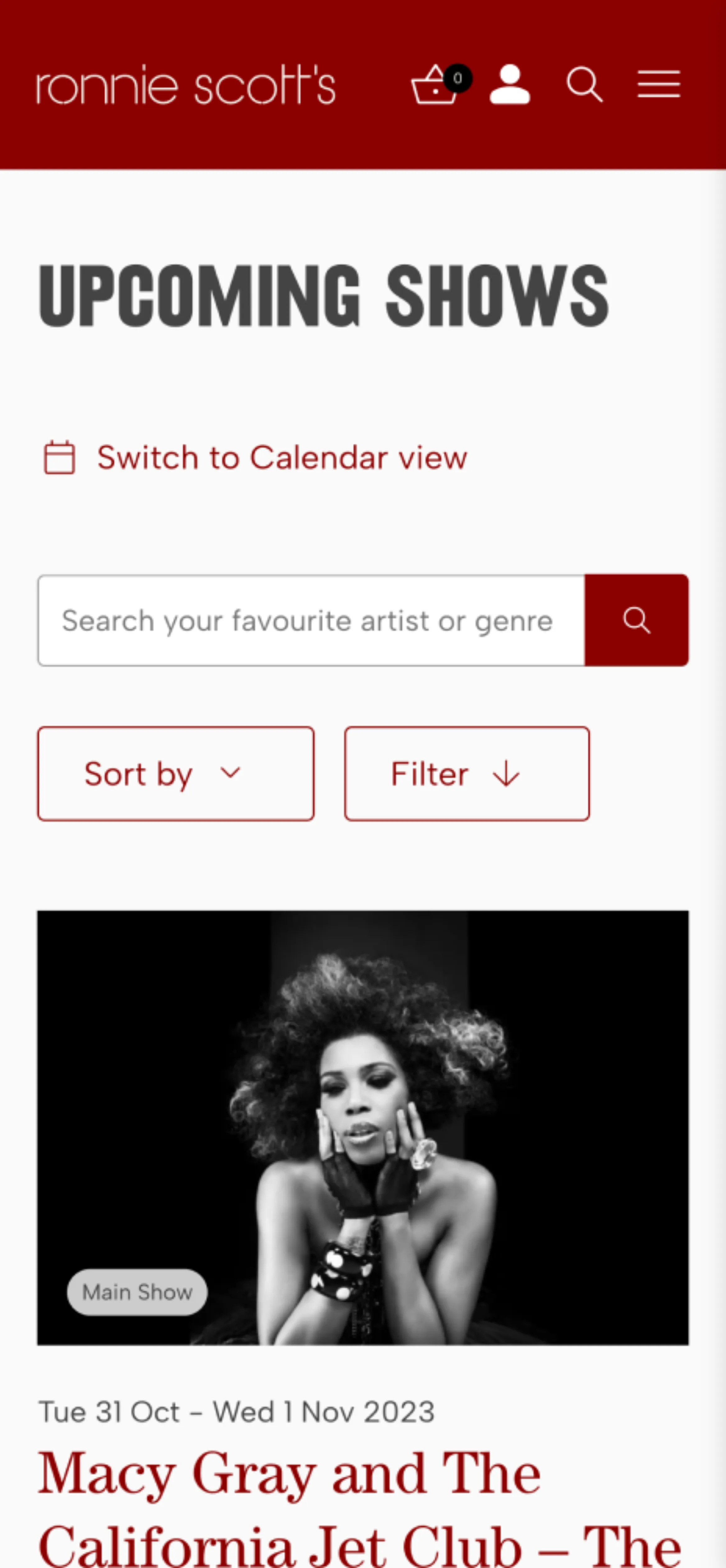 Screenshot showing upcoming shows