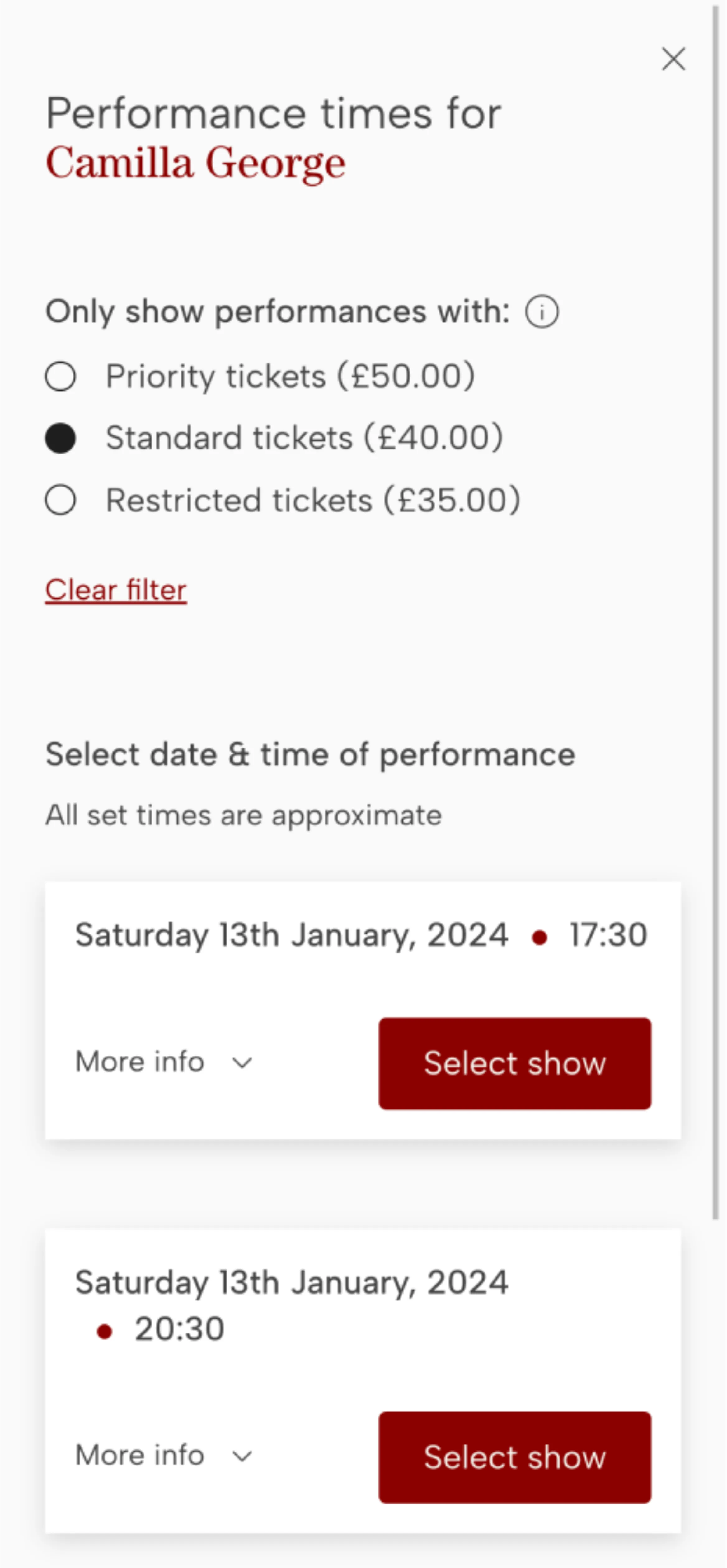 Screenshot showing different ticket options