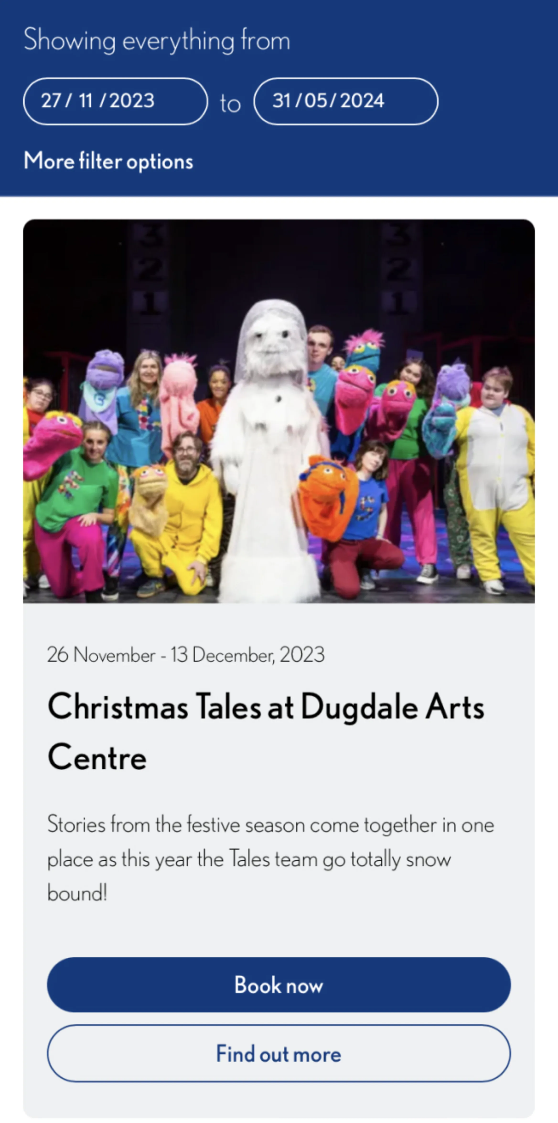 Screenshot of a mobile format website page listing different events