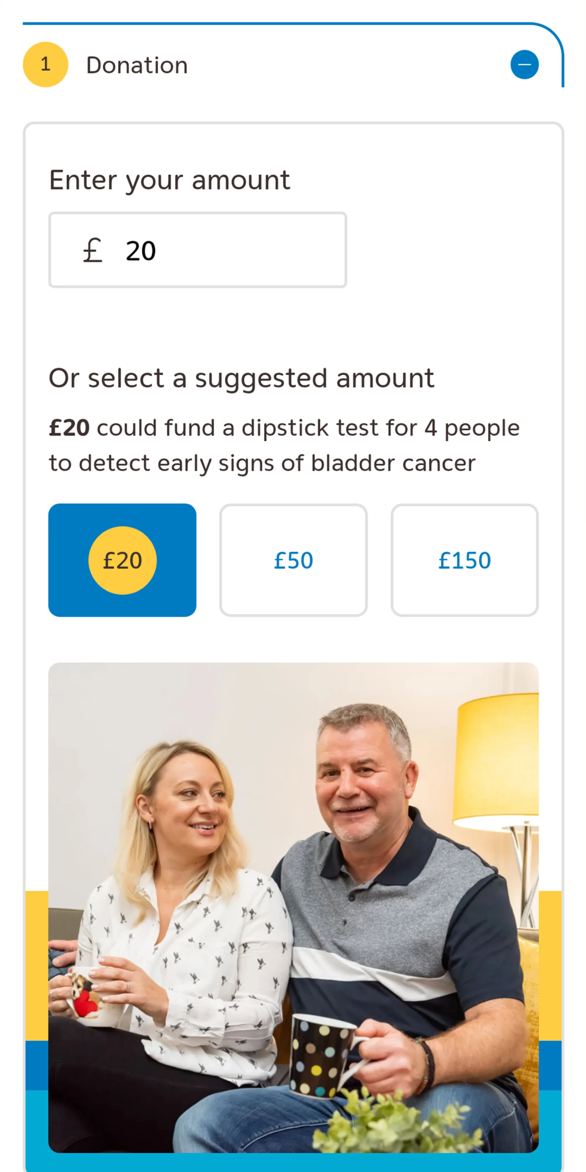 Mobile screenshot of an online donations form in bright colours with a picture of a man and a woman