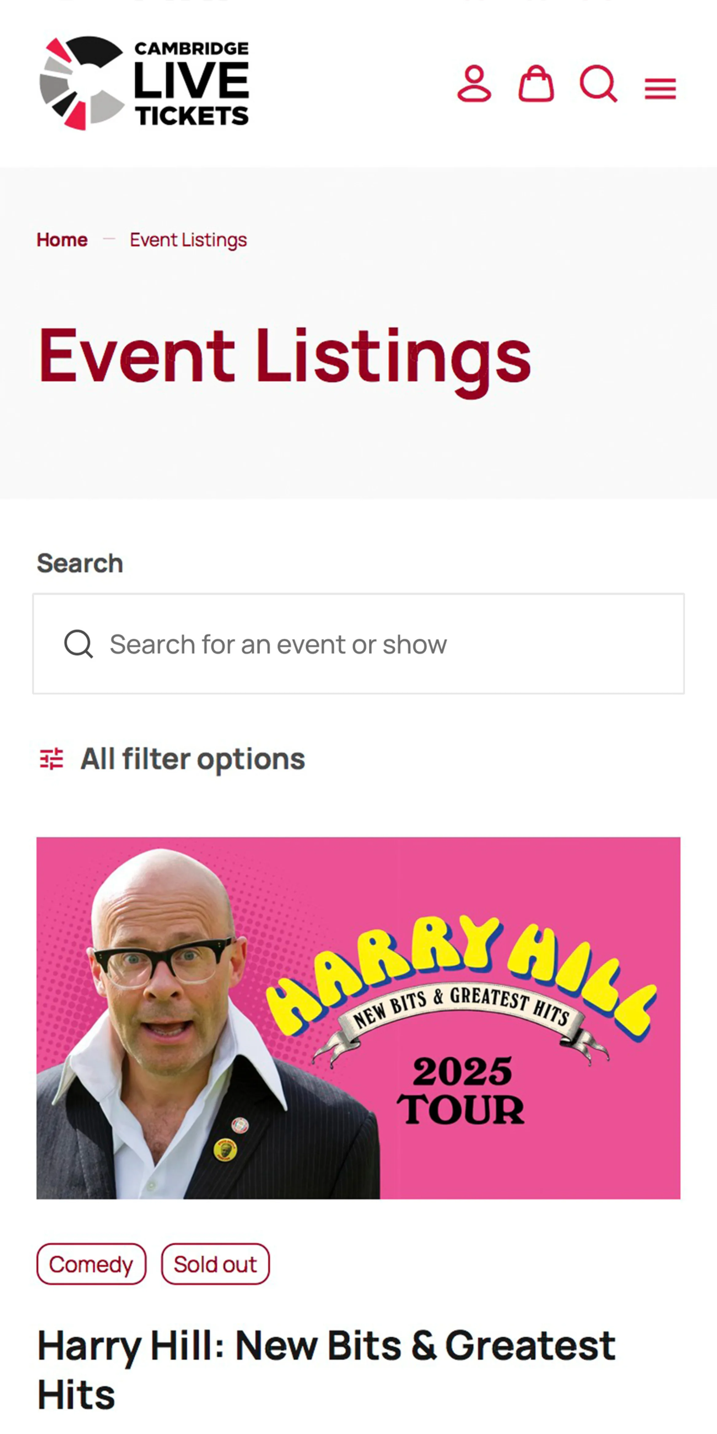 Cambridge Live event listing showing Harry Hill