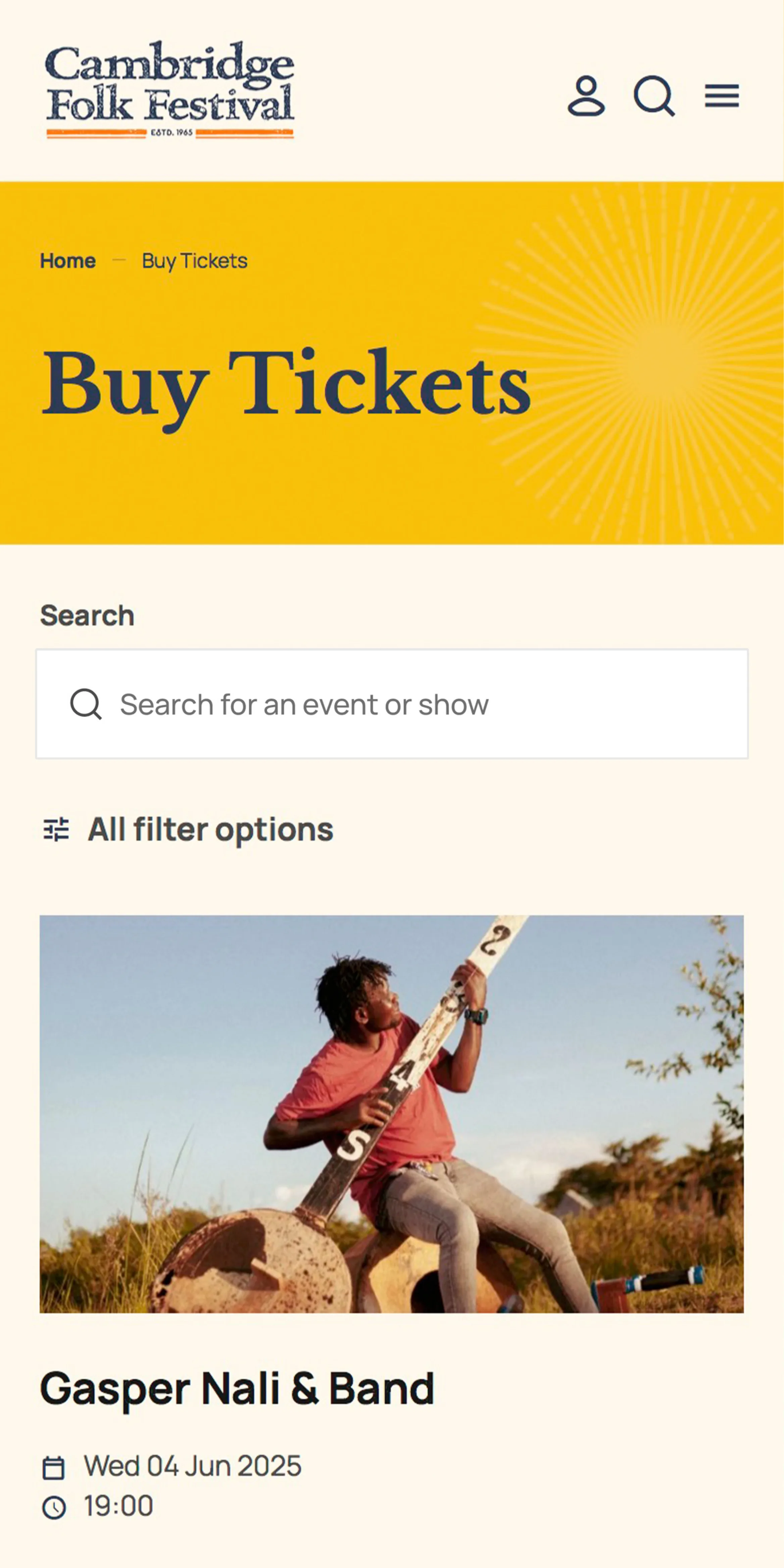 Cambridge Folk Festival buy-tickets page showing Gasper Nali and Band