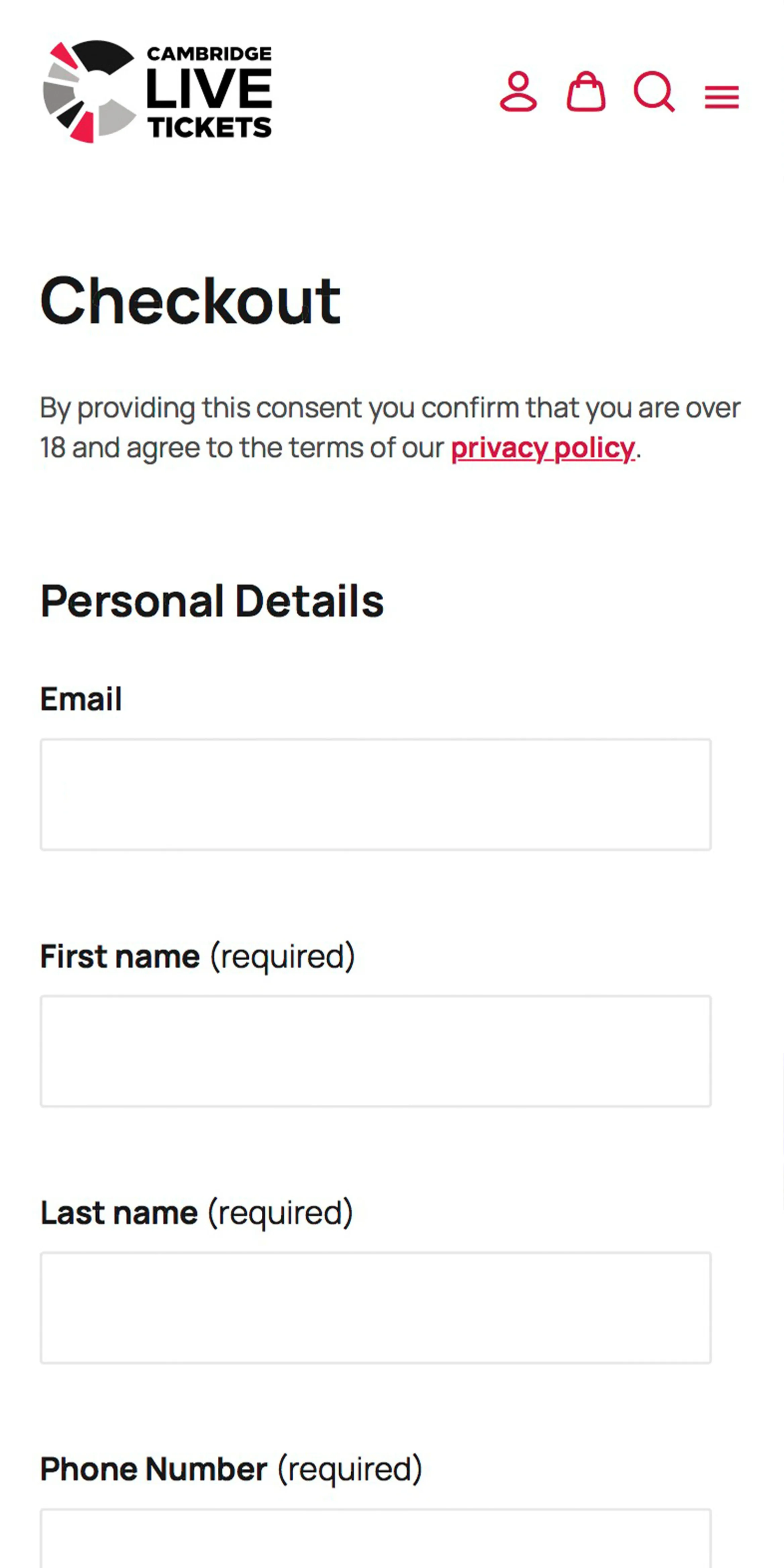 Cambridge Live Events screenshot of the booking process, check out screen