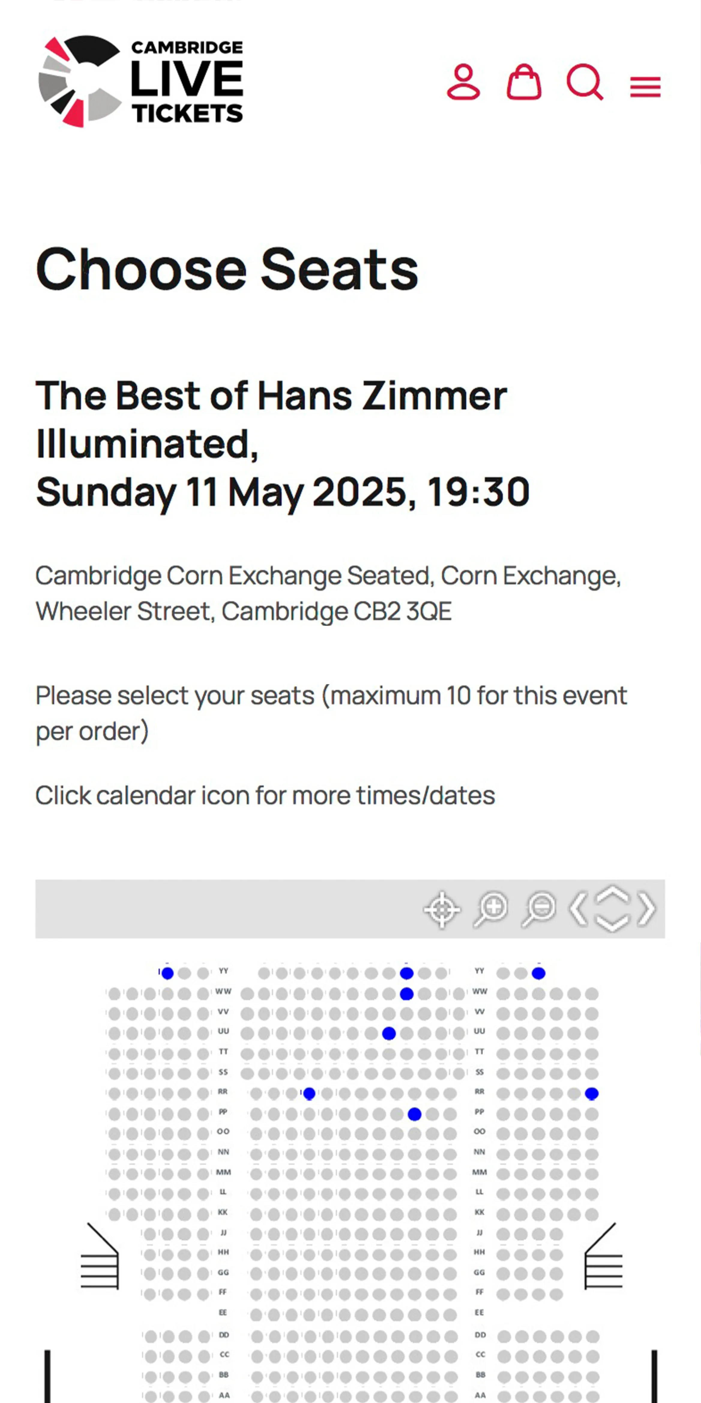 Cambridge Live Events screenshot of the booking process, seat plan