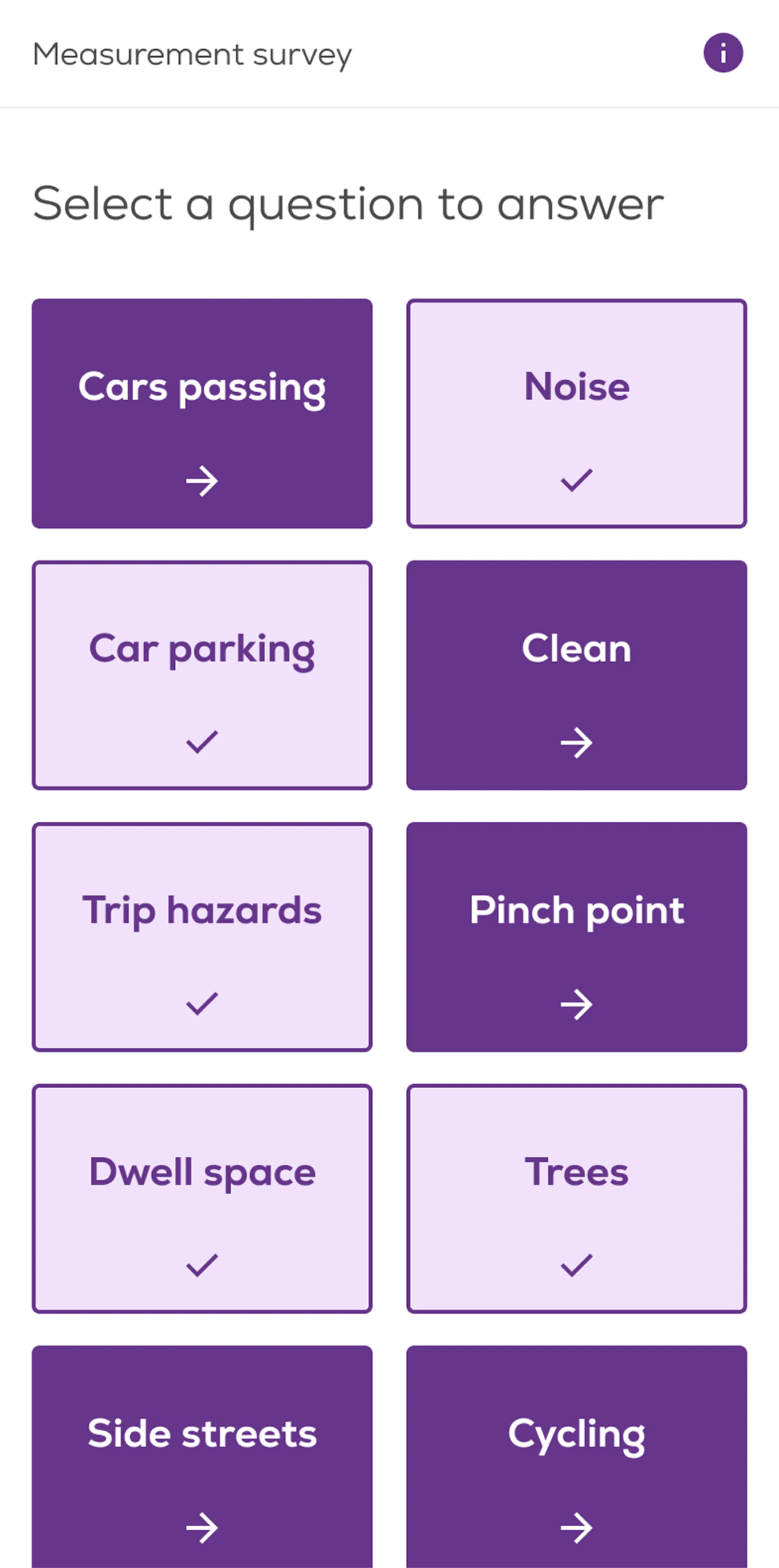 Mobile screen showing different categories to select