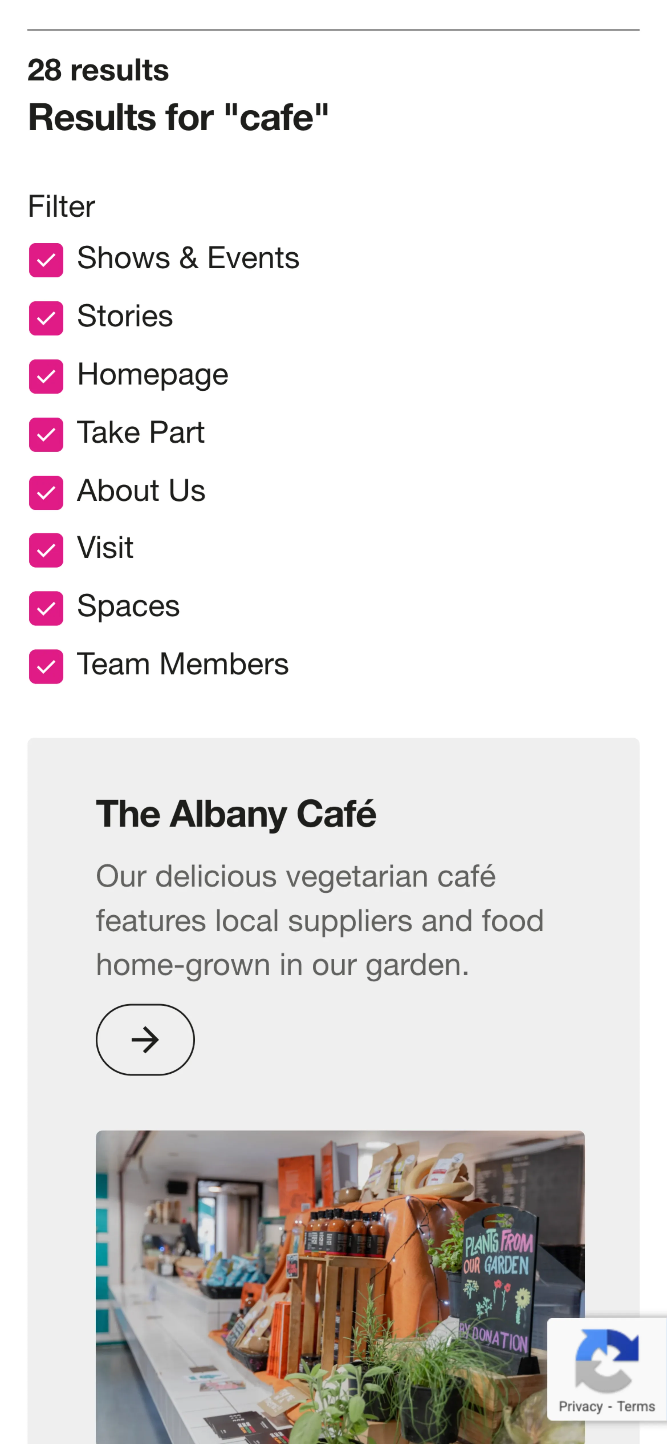 Search results interface showing the option to filter results from different sections